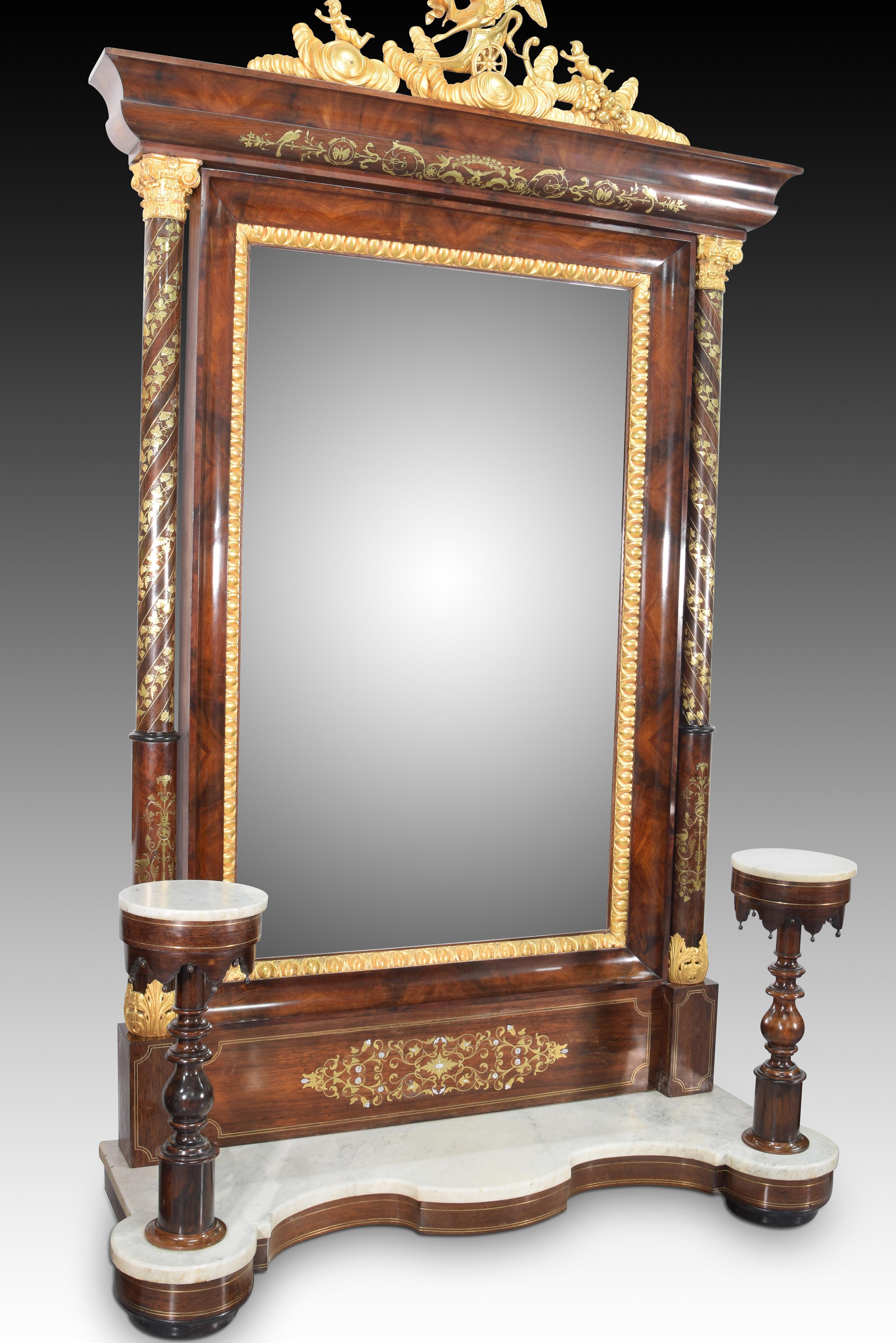 Néoclassique Miroir de toilette psiqué, acajou, bronze, marbre, 19e siècle en vente