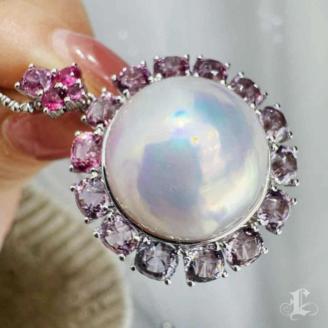 【Corona Radiance】PSL Certificado Aurora 18mm Mabe Pearl Burmese Spinel Pendant en venta 2