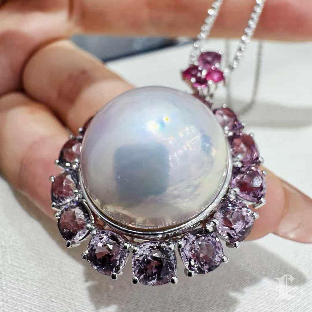 【Corona Radiance】PSL Certificado Aurora 18mm Mabe Pearl Burmese Spinel Pendant en venta 3