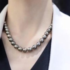 PSL Certified 37 PCS Green Tone 10-12.9MM Tahitian Pearl Necklace