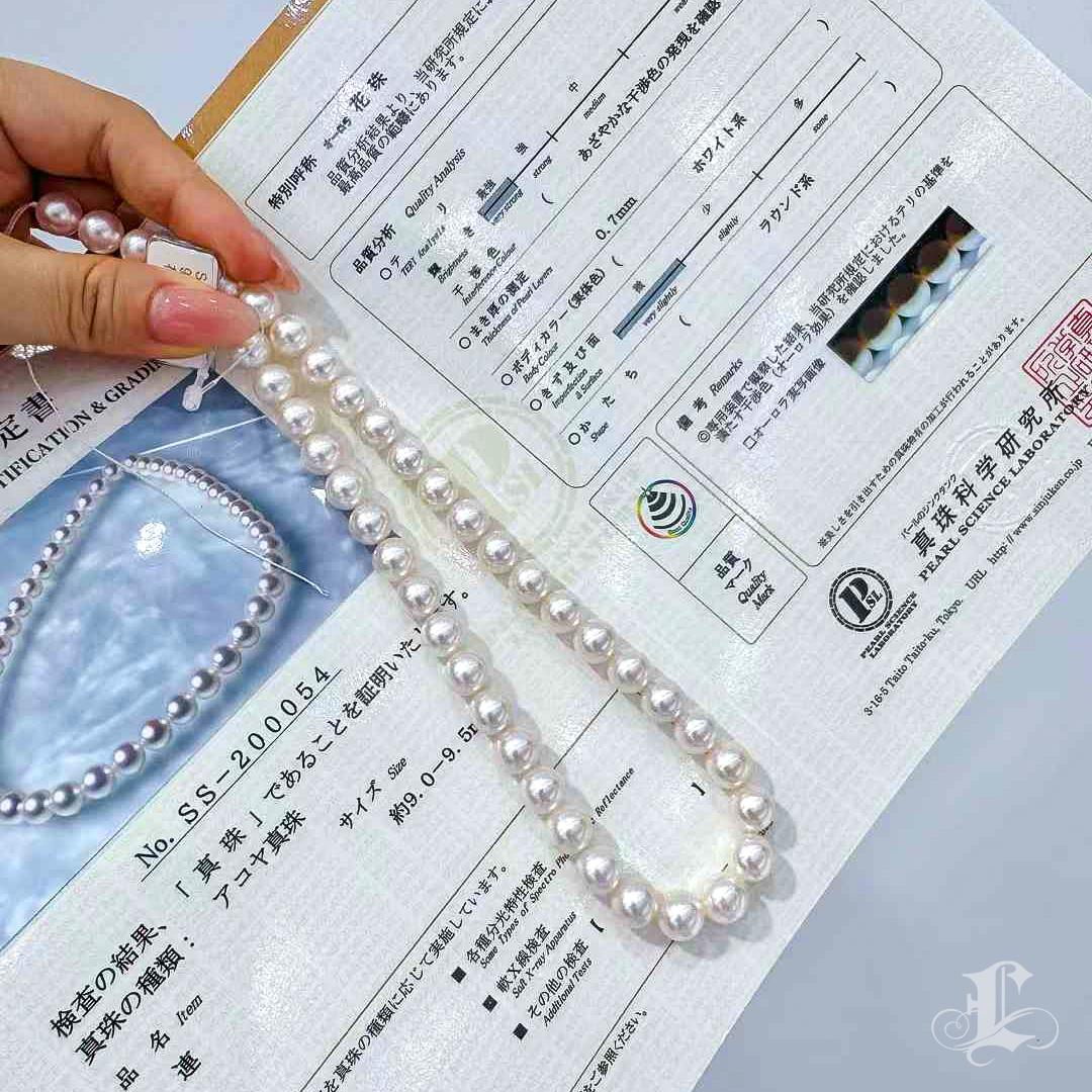 Grezzo Collana di perle Akoya di 9-9,5 mm certificata PSL Hanadama Rare - Lucentezza eccezionale in vendita