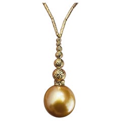 【Crown Radiance】PSL Certified Golden Chain South Sea Pearl & Engraved Y Necklace