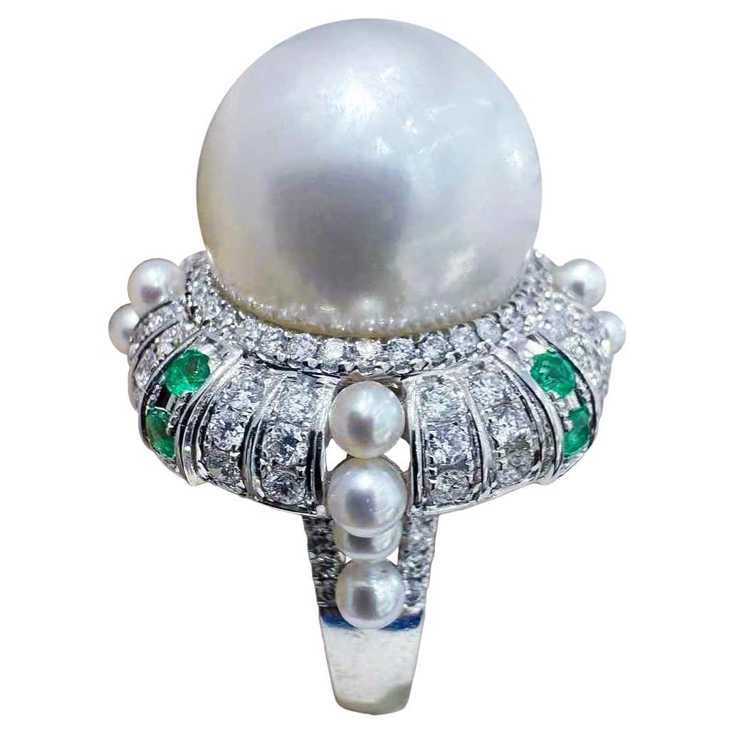 【Crown Radiance】PSL VENUS Certified South Sea Pearl & Emerald Diamond Ring For Sale