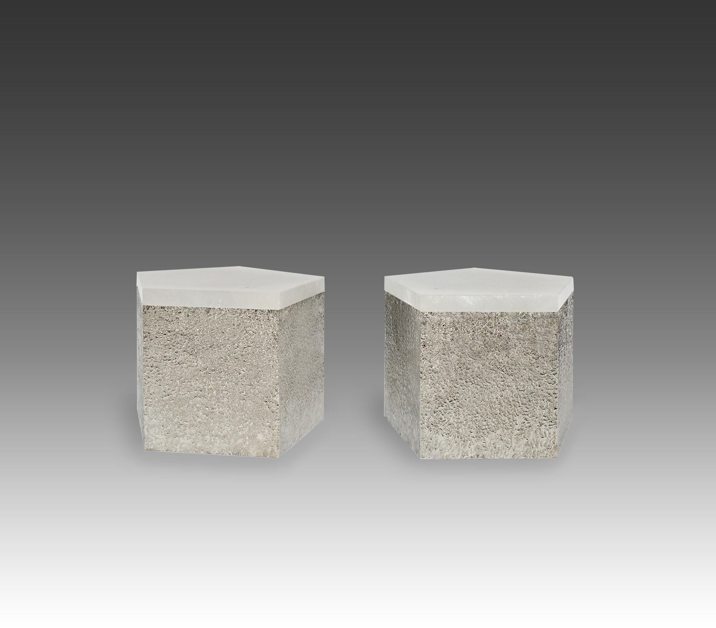 Pair of Pentagon form rock crystal side tables with hammered nickel plating bases. Created by Phoenix Gallery. 
Custom size upon request.
 