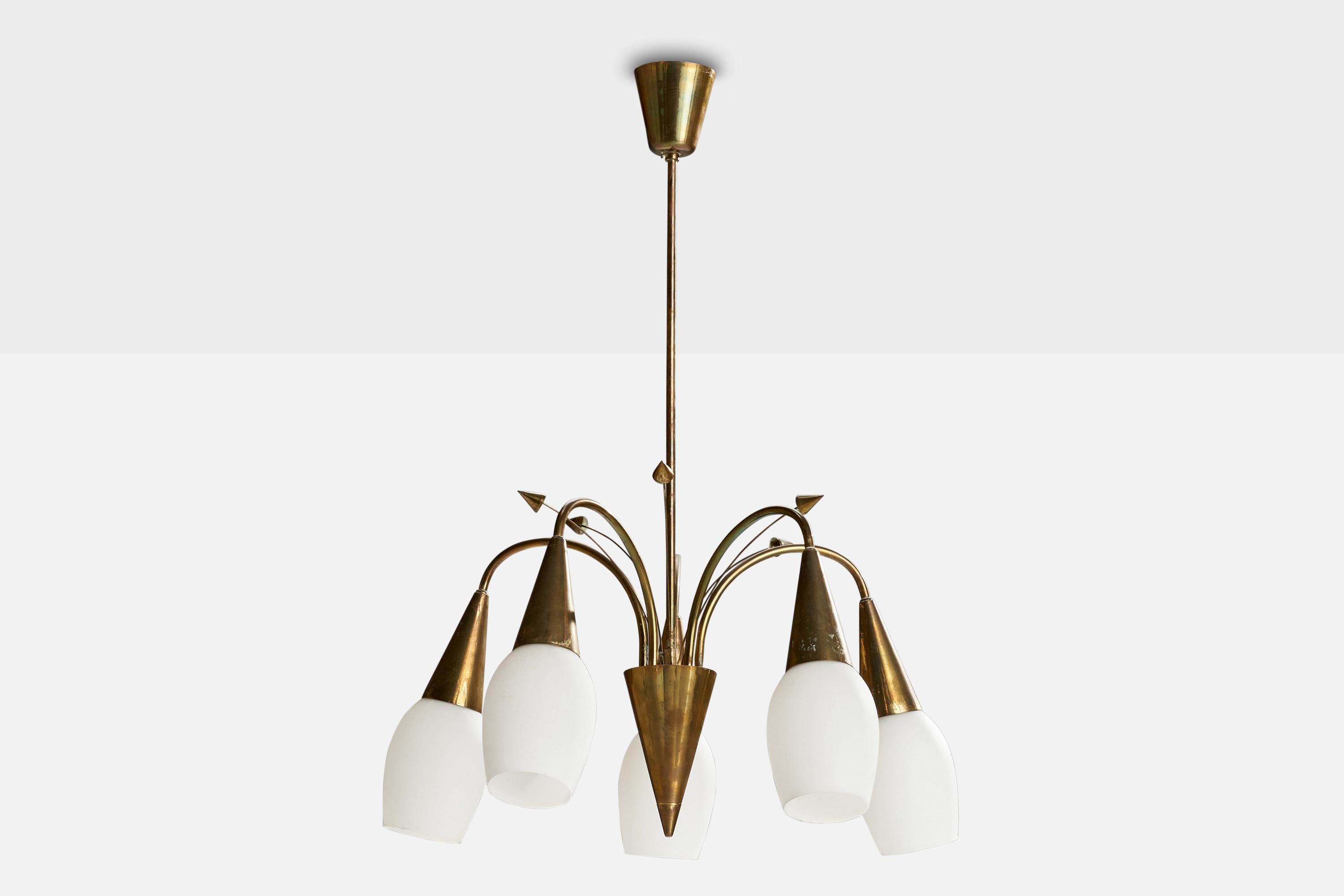 A brass and opaline glass chandelier designed and produced by PSO, Finland, 1940s.

Dimensions of canopy (inches): 3.75” H x 3.5” Diameter
Socket takes standard E-26 bulbs. 5 socket.There is no maximum wattage stated on the fixture. All lighting