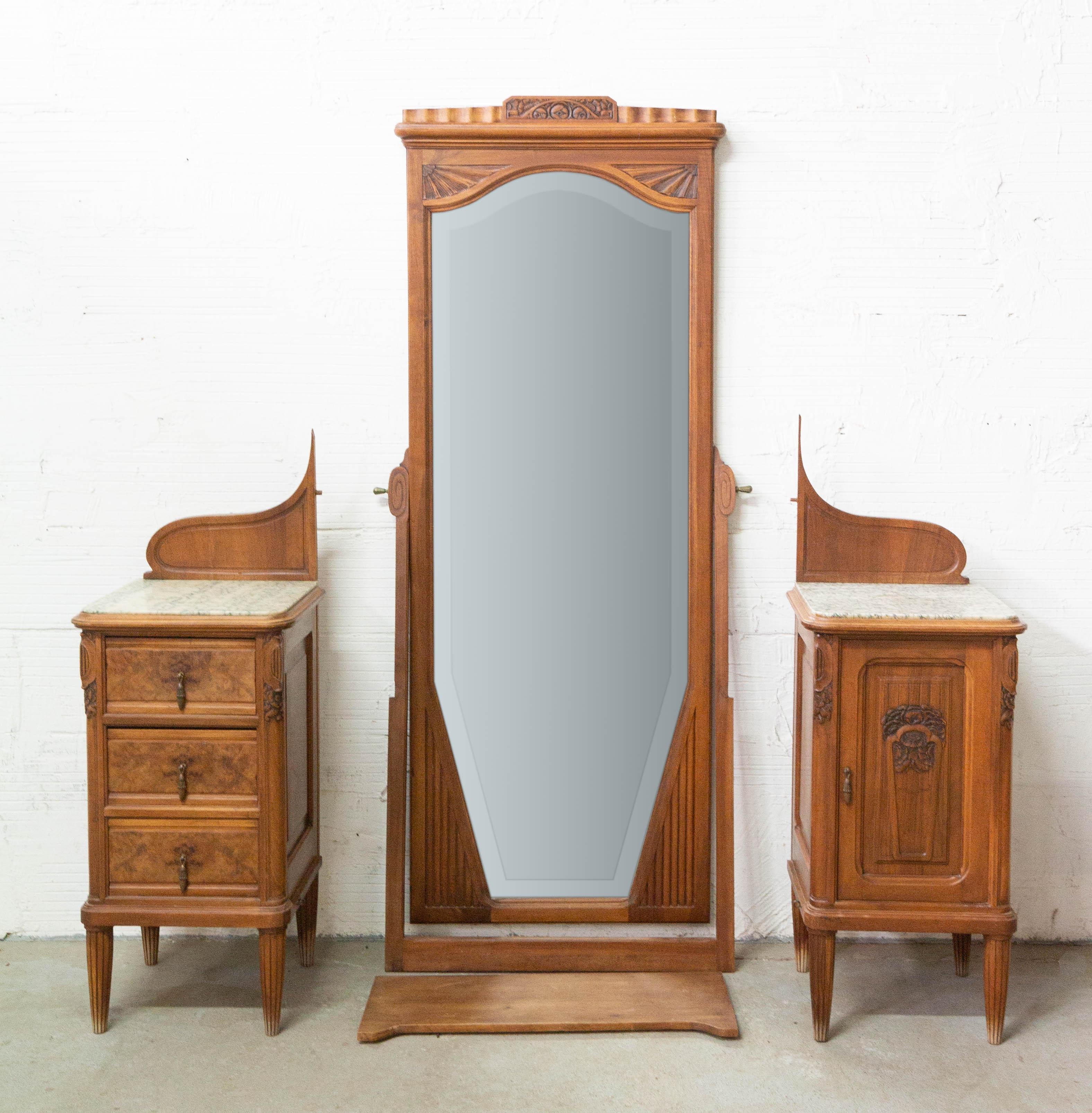 Psyche Full Length Mirror Dressing Table Drawers and Cabinet, French, circa 1930 1