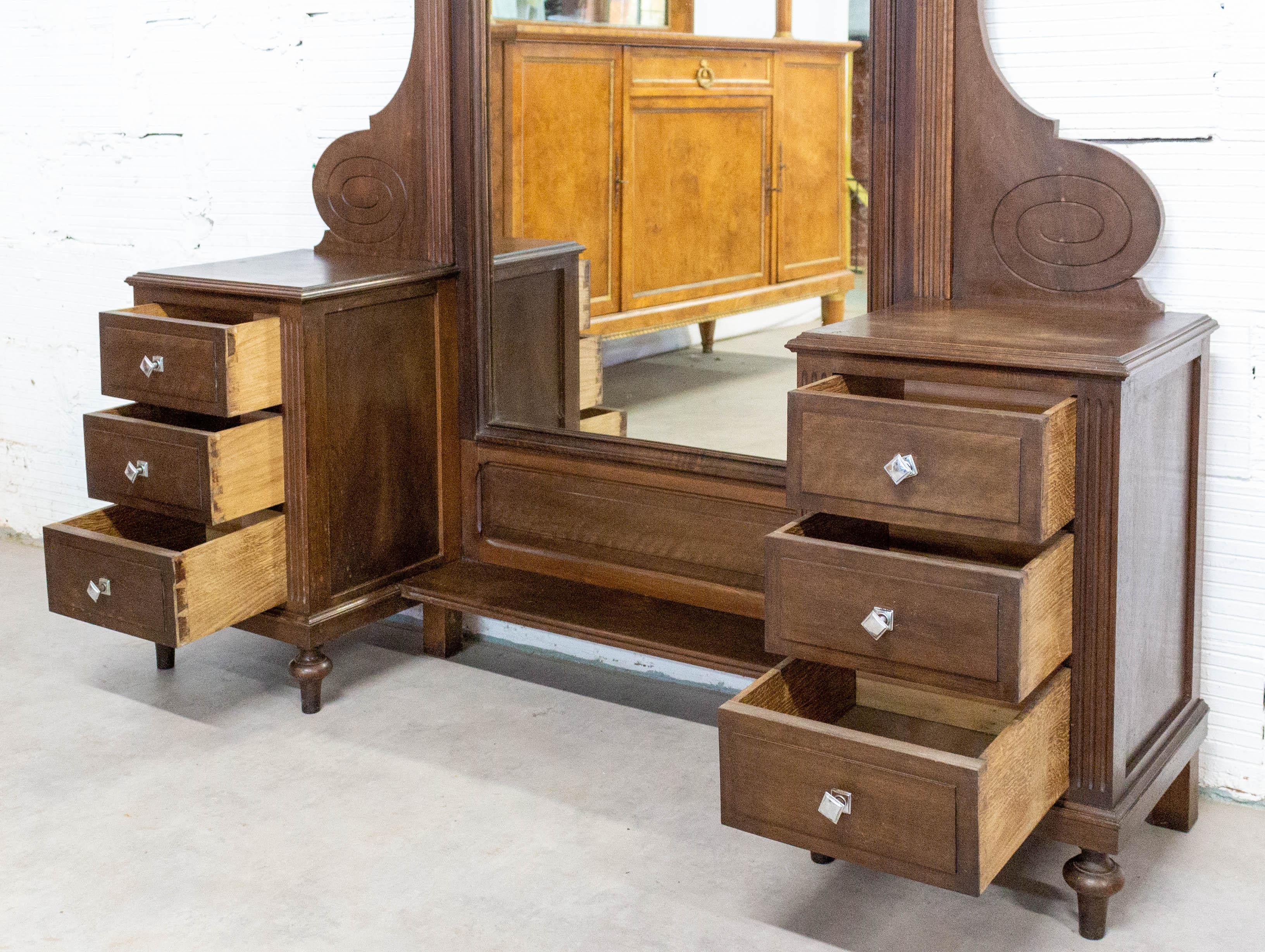 20th Century Psyche Full Length Mirror Dressing Table with Drawers, French, circa 1940