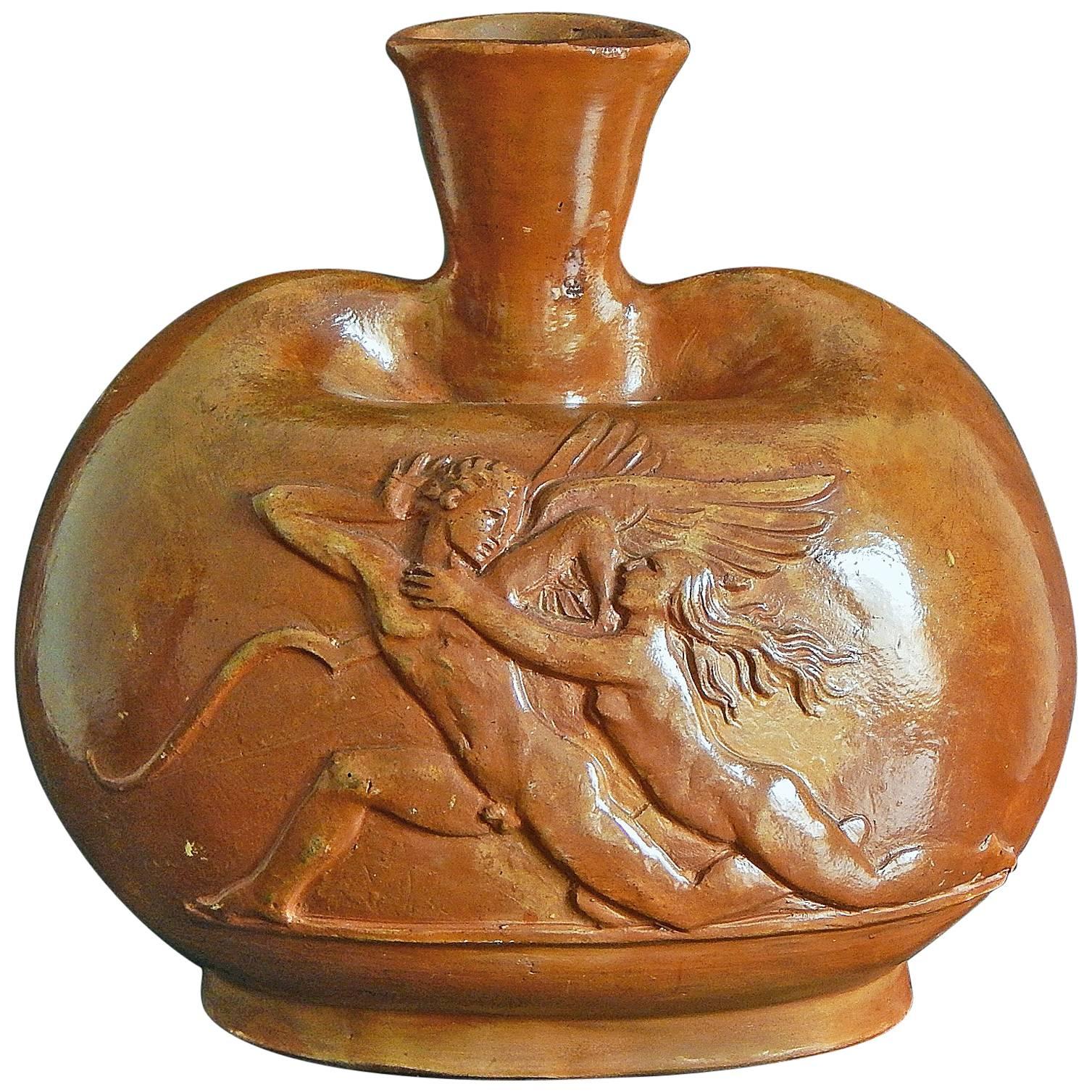 "Psyche Imploring Cupid, " Sculpted Vessel with Nudes by Bregnoe, Art Deco Master