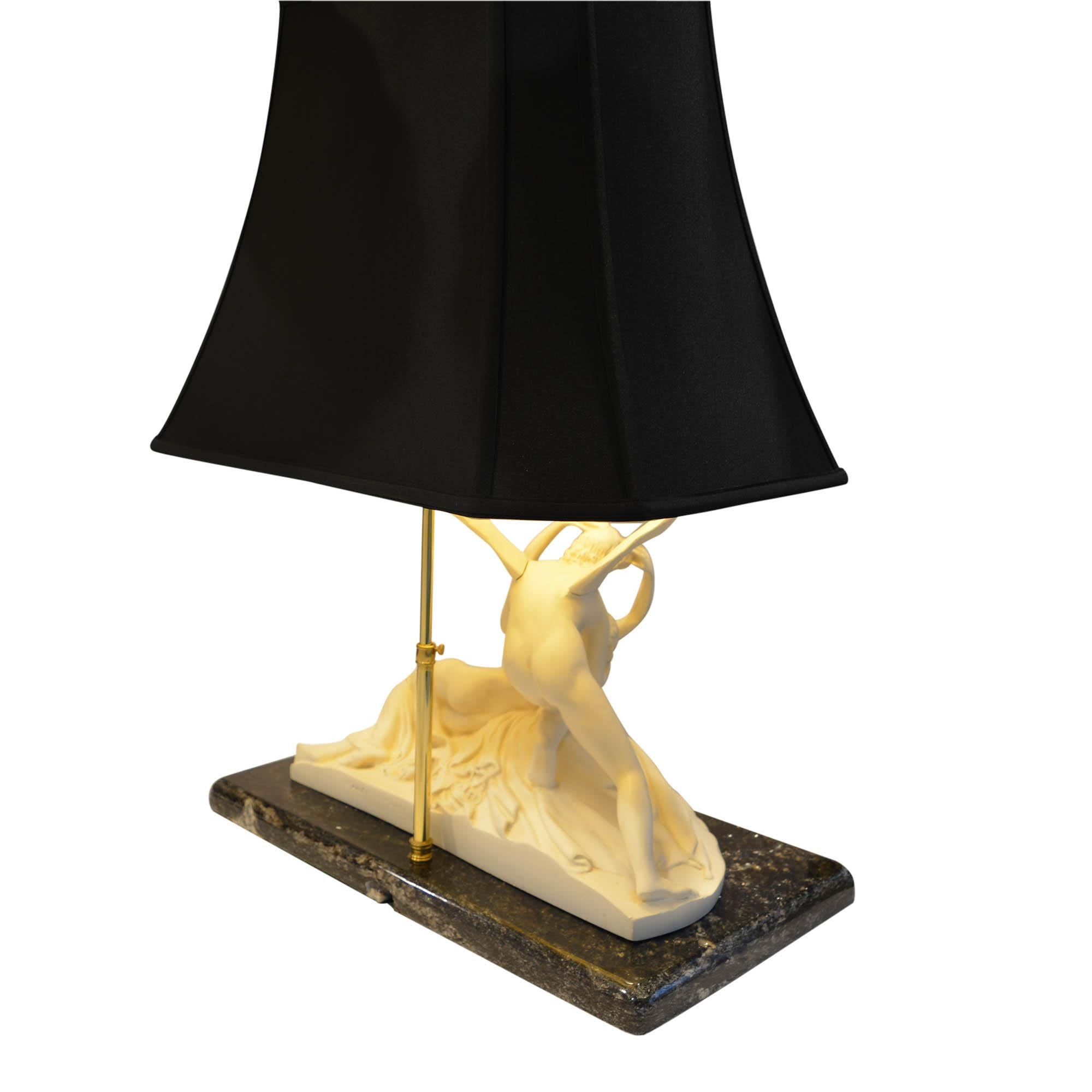 Classical Greek Psyche Revived by Cupid's Kiss Lamp on Marble Base Black Shade Gold Lining