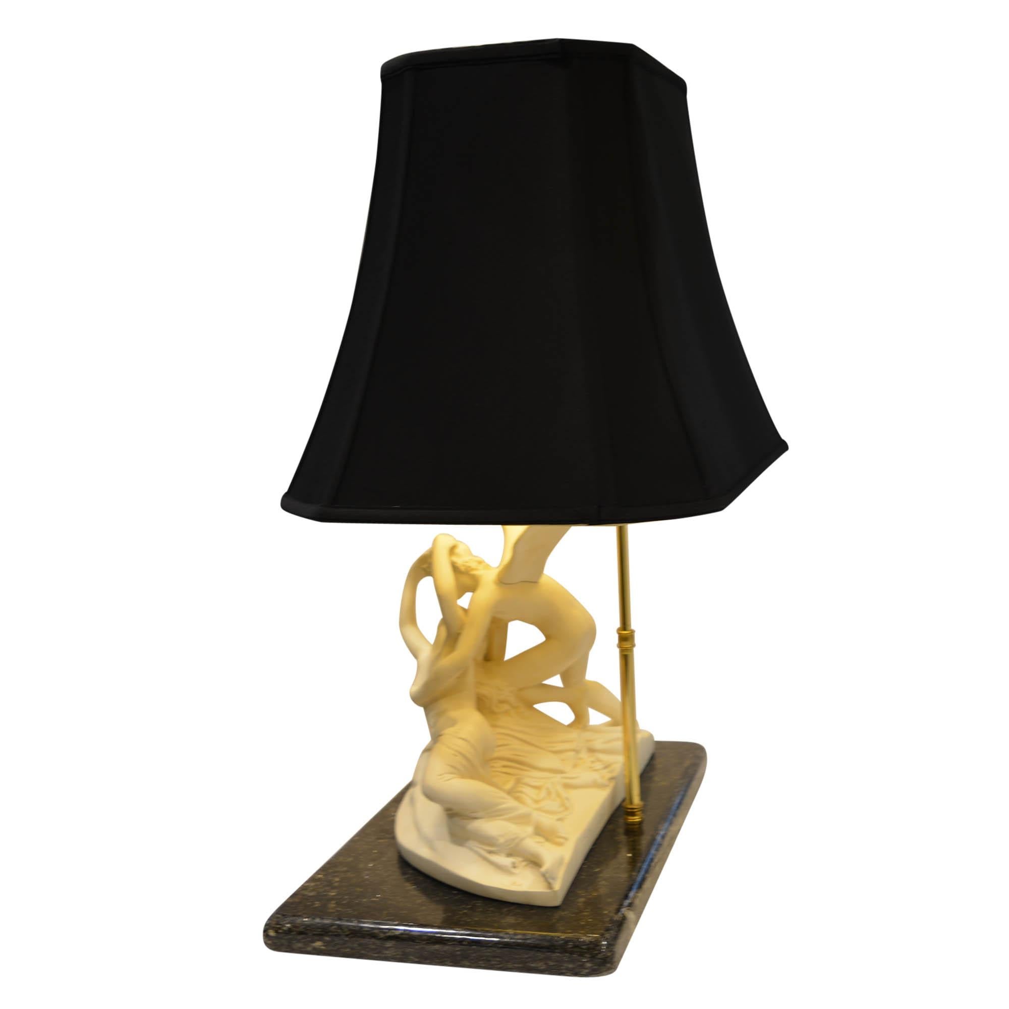Unknown Psyche Revived by Cupid's Kiss Lamp on Marble Base Black Shade Gold Lining