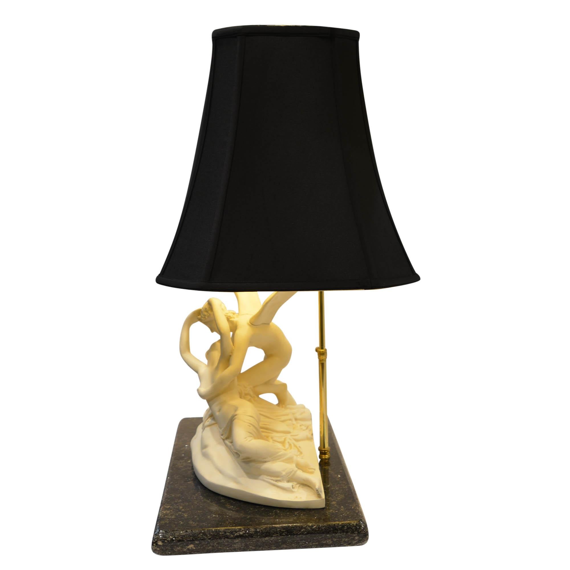 Psyche Revived by Cupid's Kiss Lamp on Marble Base Black Shade Gold Lining In Good Condition In Pataskala, OH