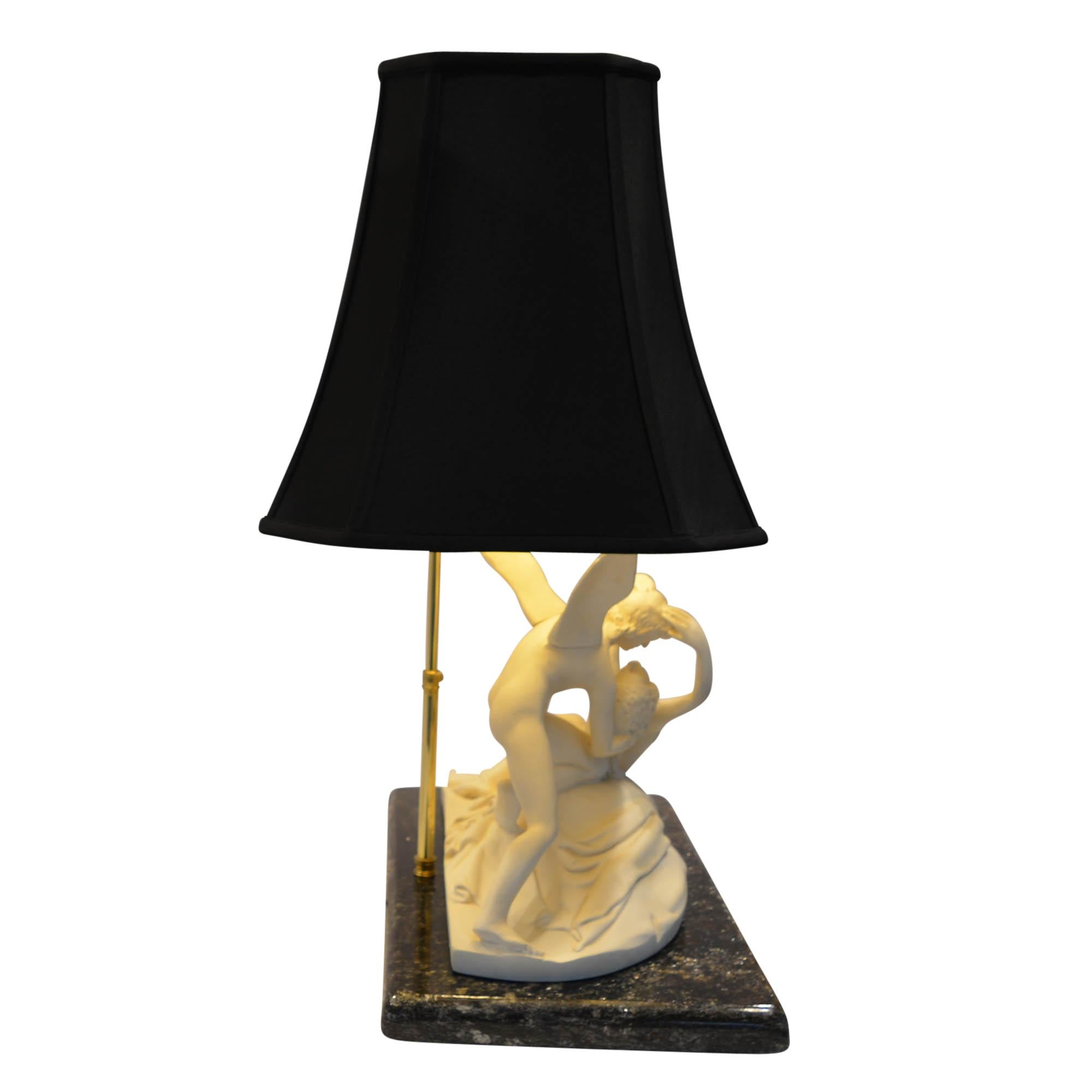 20th Century Psyche Revived by Cupid's Kiss Lamp on Marble Base Black Shade Gold Lining
