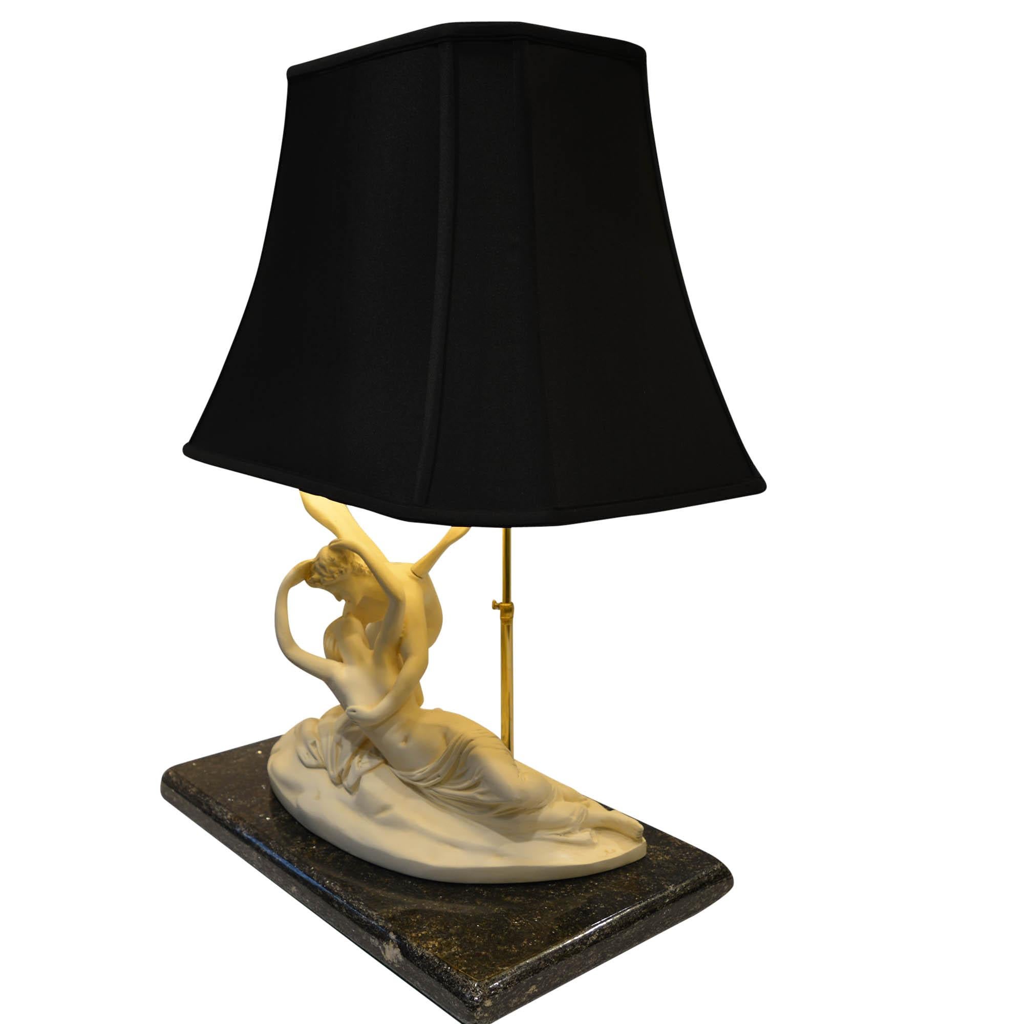 Silk Psyche Revived by Cupid's Kiss Lamp on Marble Base Black Shade Gold Lining
