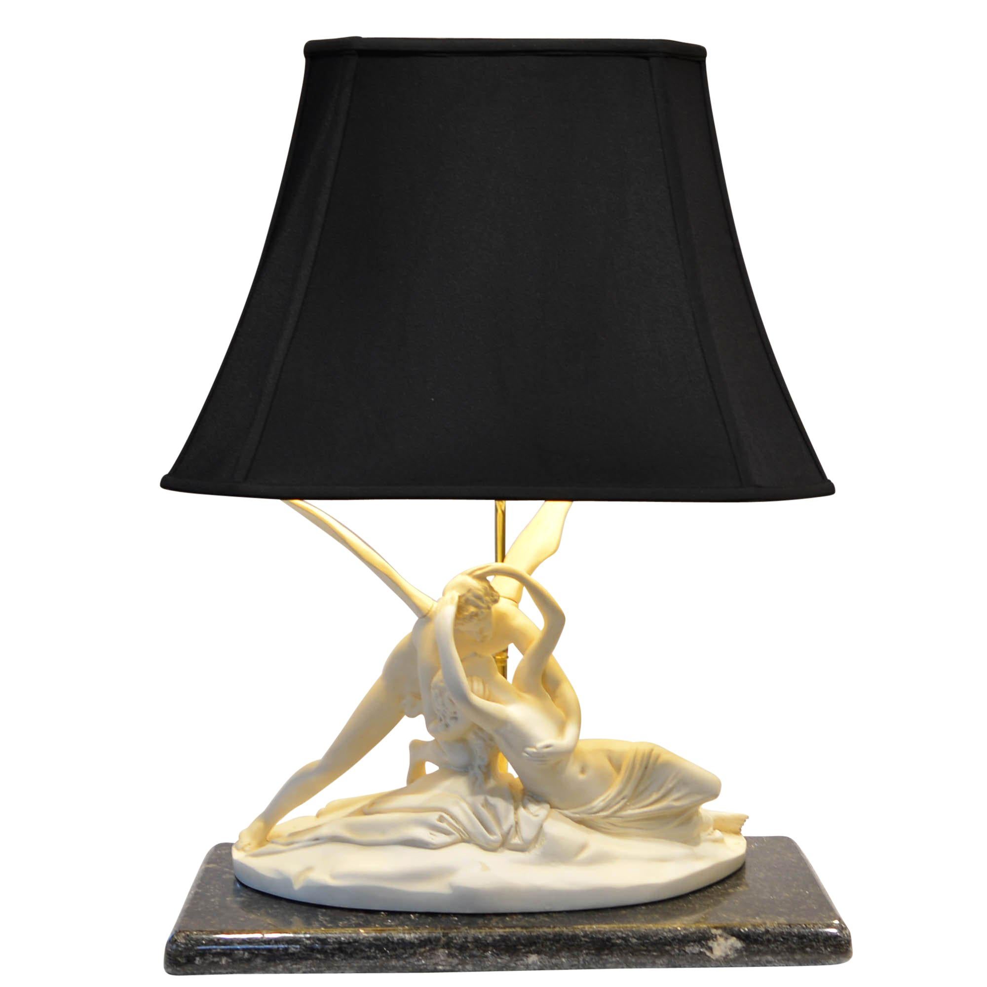 Psyche Revived by Cupid's Kiss Lamp on Marble Base Black Shade Gold Lining