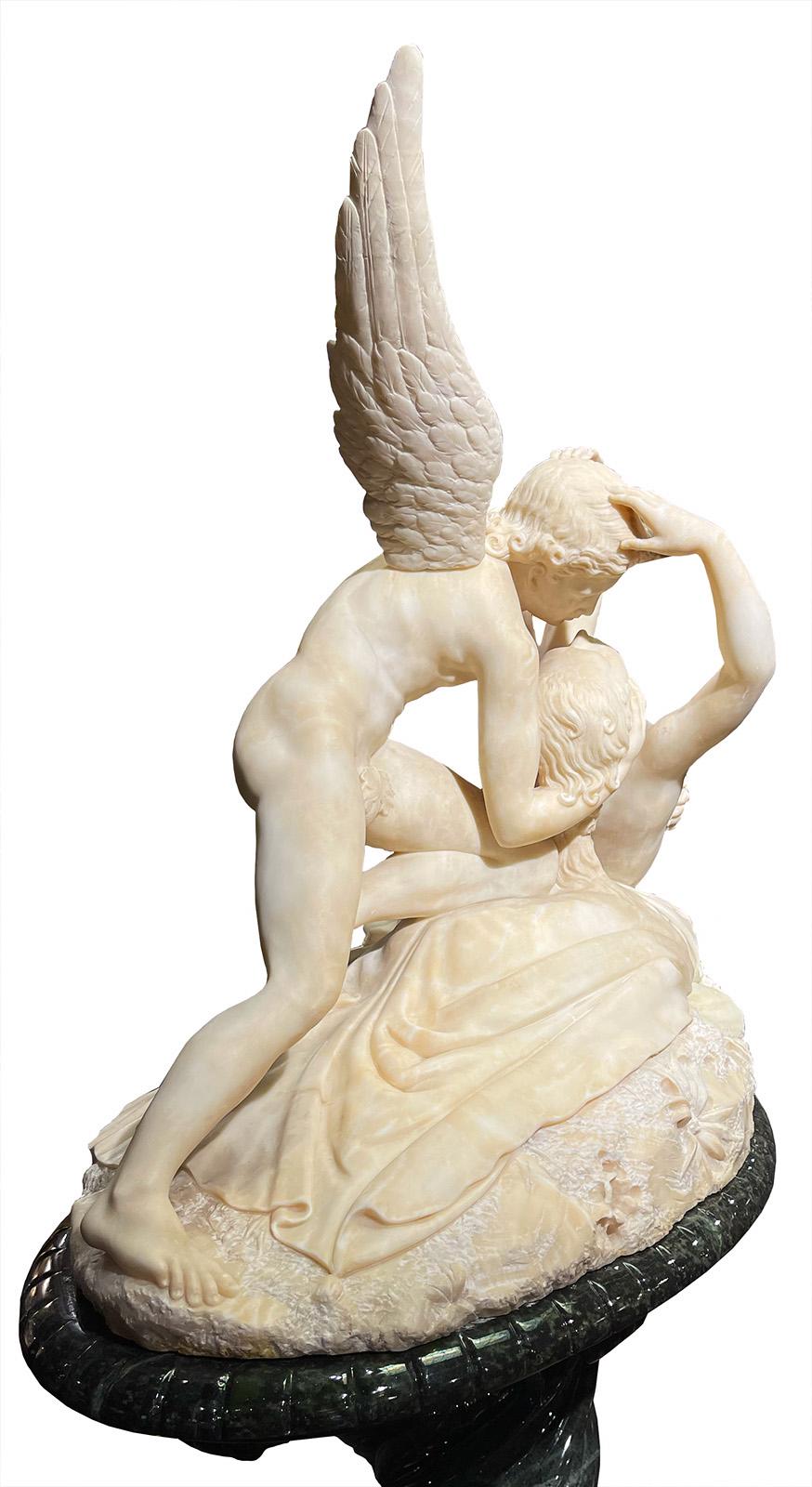 Psyche Revived by Cupid's Kiss Marble Sculpture on Pedestal after Antonio Canova In Good Condition For Sale In Salt Lake City, UT