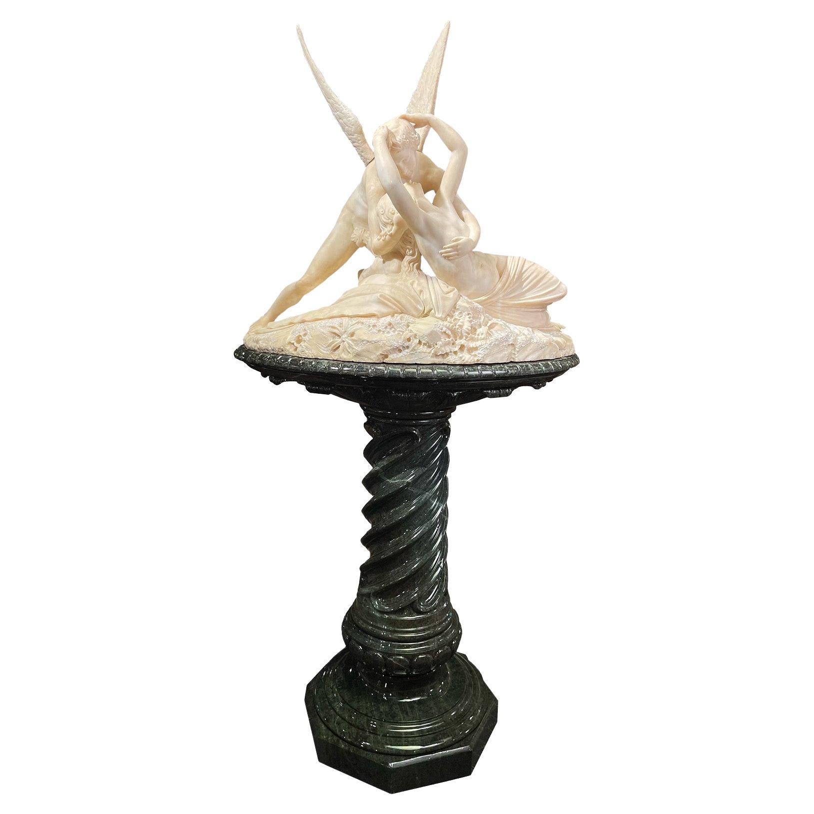 Psyche Revived by Cupid's Kiss Marble Sculpture on Pedestal after Antonio Canova For Sale