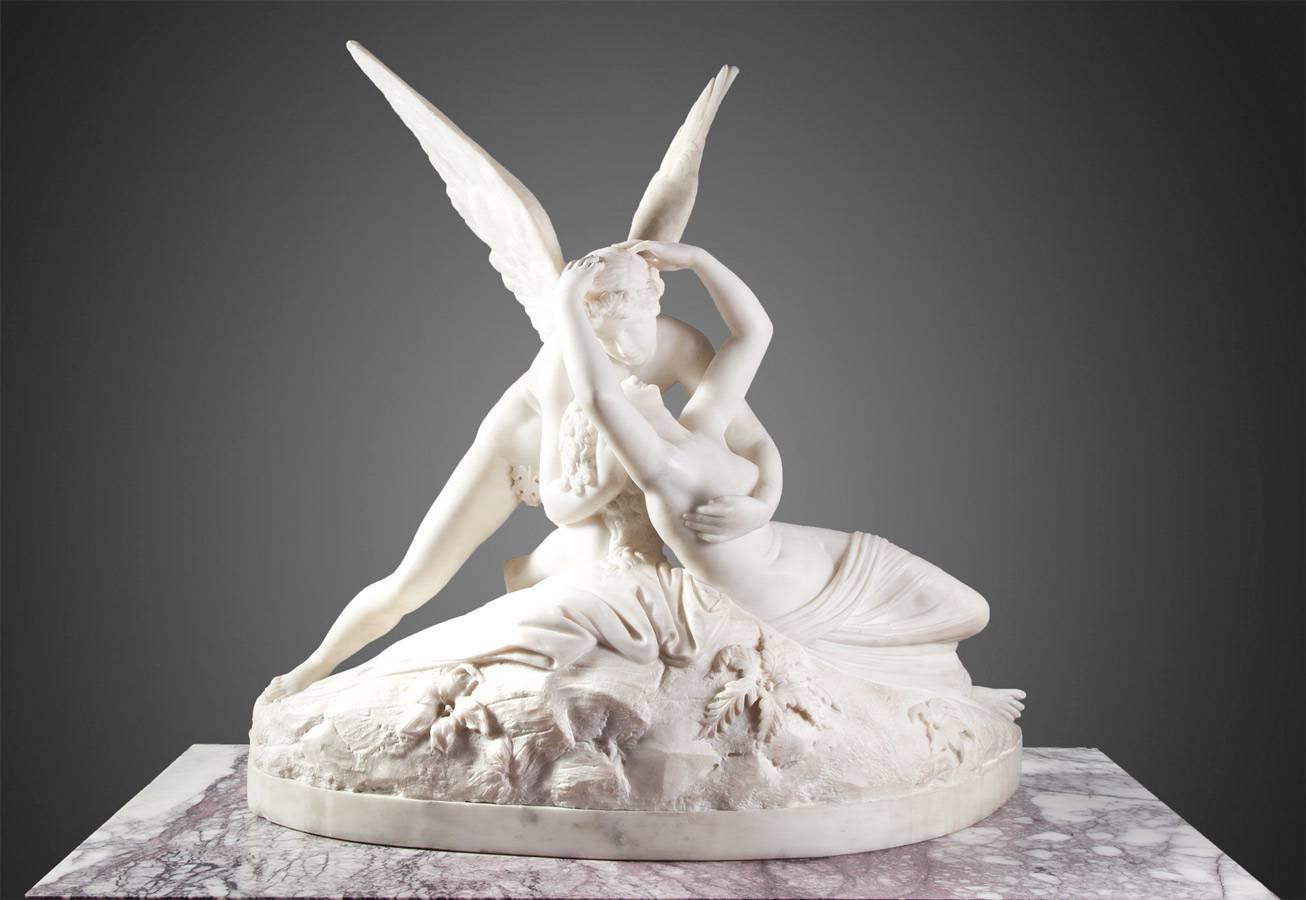 Neoclassical Psyche Revived by Cupid’s Kiss Sculpture For Sale