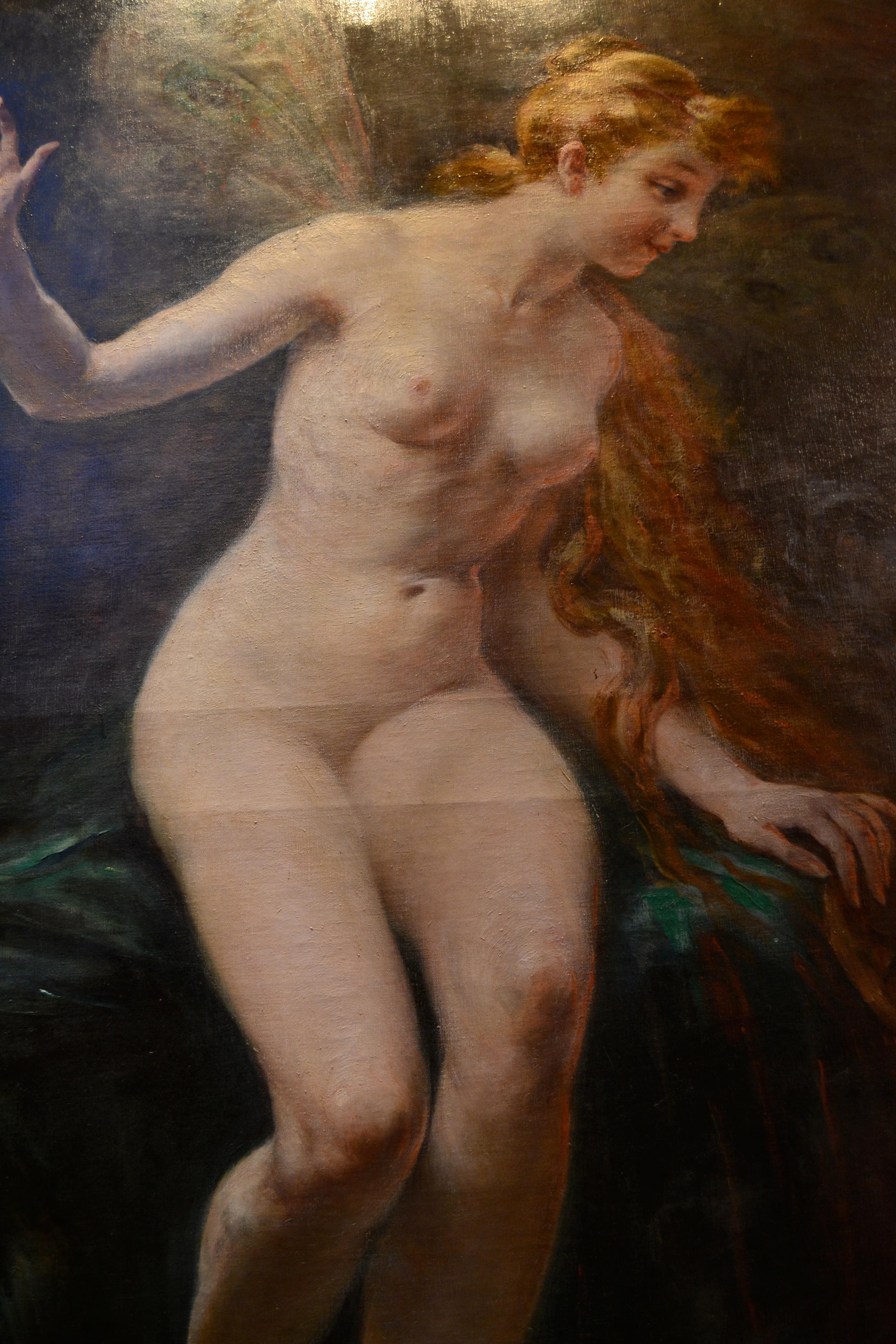 A classic full length nude depicting Psyche in the process of entering the water drawn from a spring to take a bath painted by the the Belle Epoque Fench artist Adolphe La Lyre, (1848-1935) also known as Lalire and Lalyre. In a period gilt wood