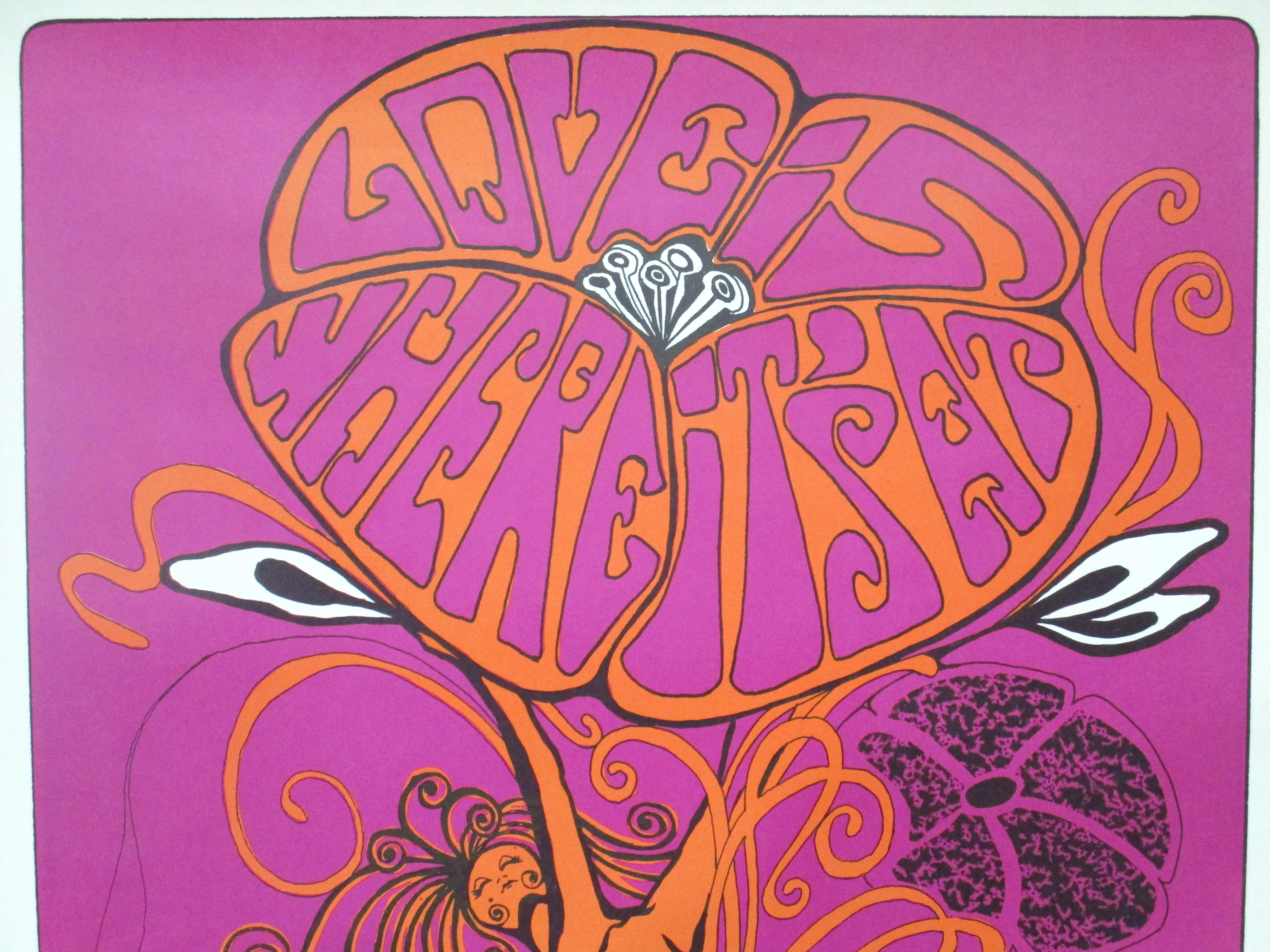 Un colorido y brillante cartel psicodélico vintage que declara 