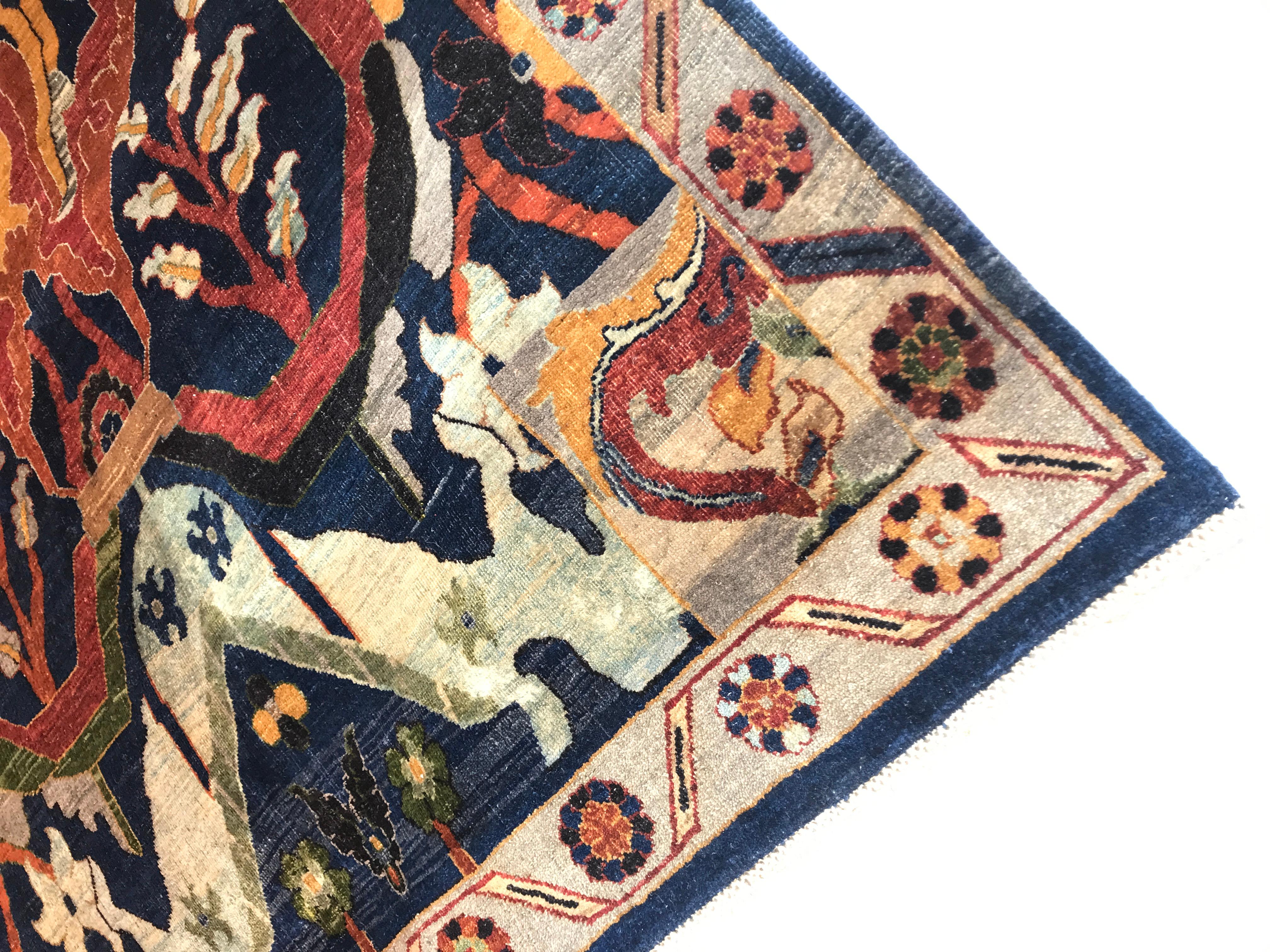 This one-of-a-kind vegetable dyed rug was handknotted in India in 2022. The weaving house utilizes closed-loop grey water recycling and commits to environmentally conscious practices. Designed with abstracted Arts & Crafts motifs in saturated