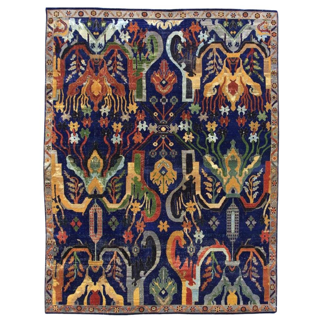 Psychedelic Arts & Crafts Low-Pile Wool Hand Knotted Rug with Vegetable Dye For Sale