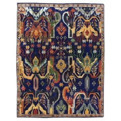 Psychedelic Arts & Crafts Low-Pile Wool Hand Knotted Rug with Vegetable Dye