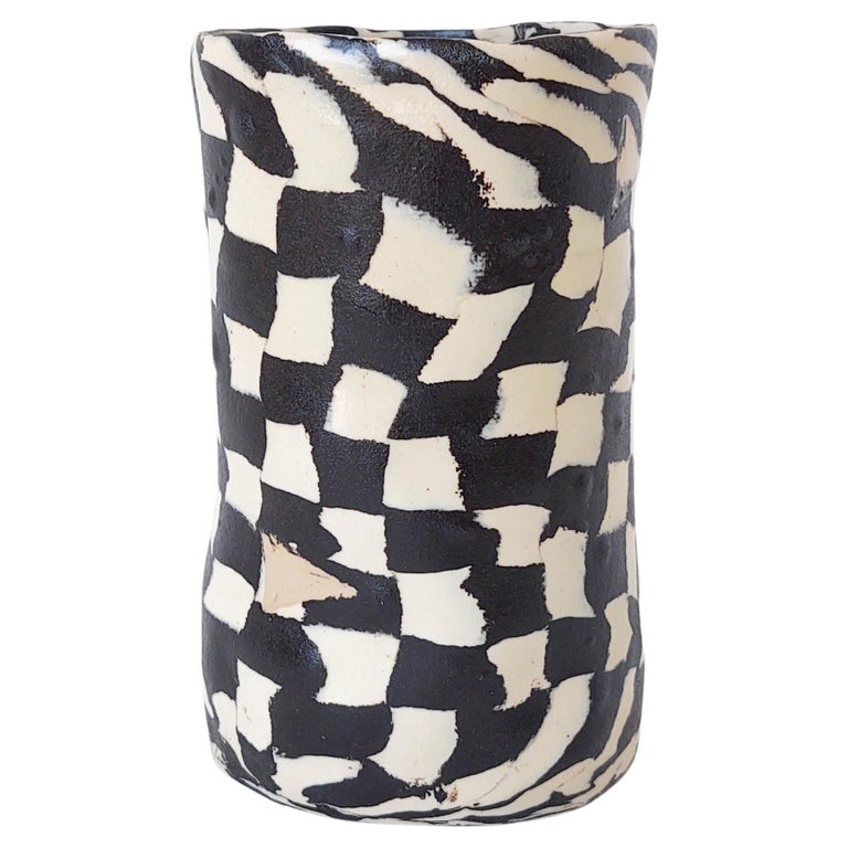 Psychedelic Black and White Checkered Ceramic Vase by Fizzy Ceramics For Sale at 1stDibs