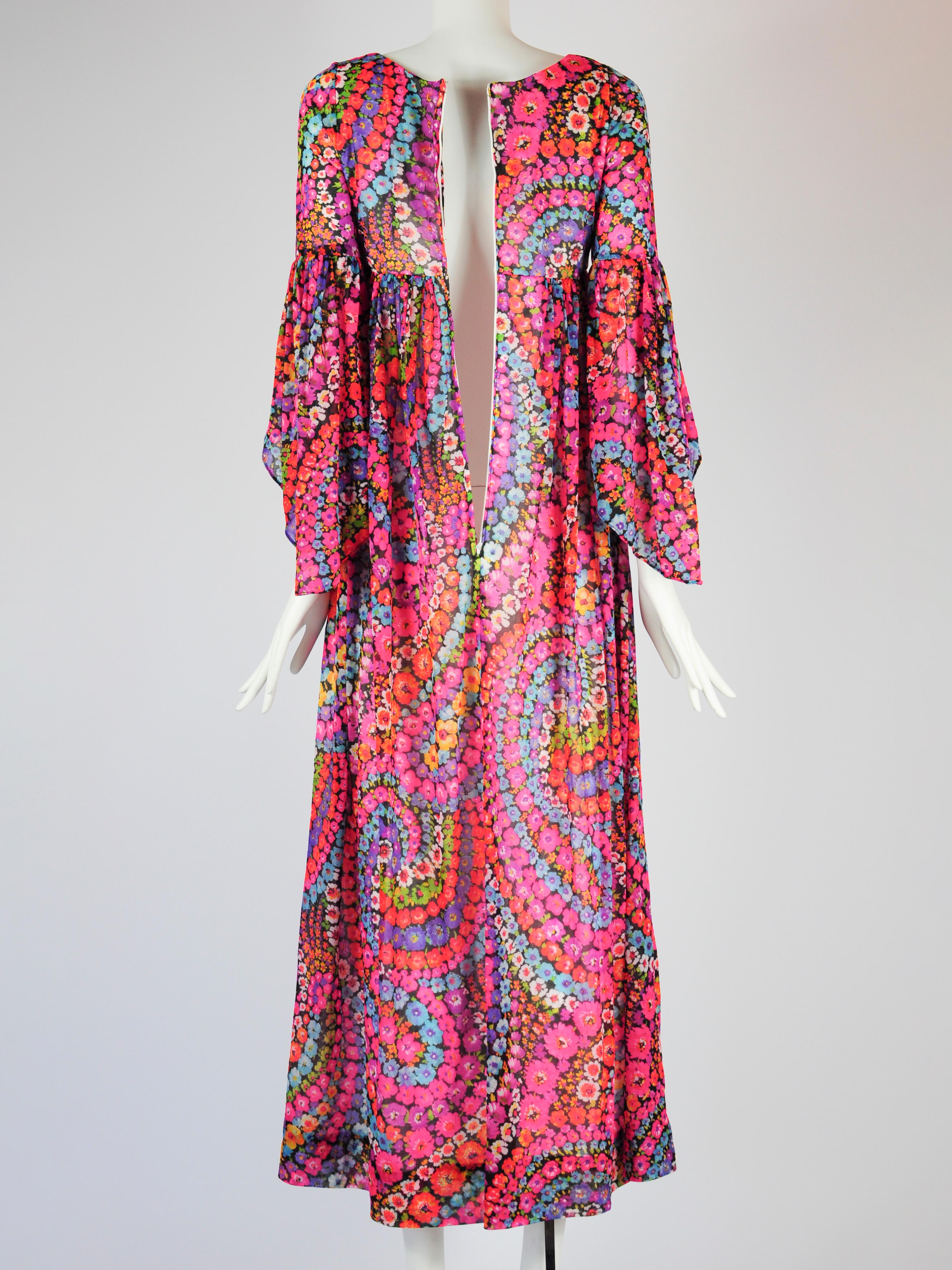 Psychedelic Flower Goddess Dress Empire Waist Butterfly Sleeve Quad London 1970s For Sale 5