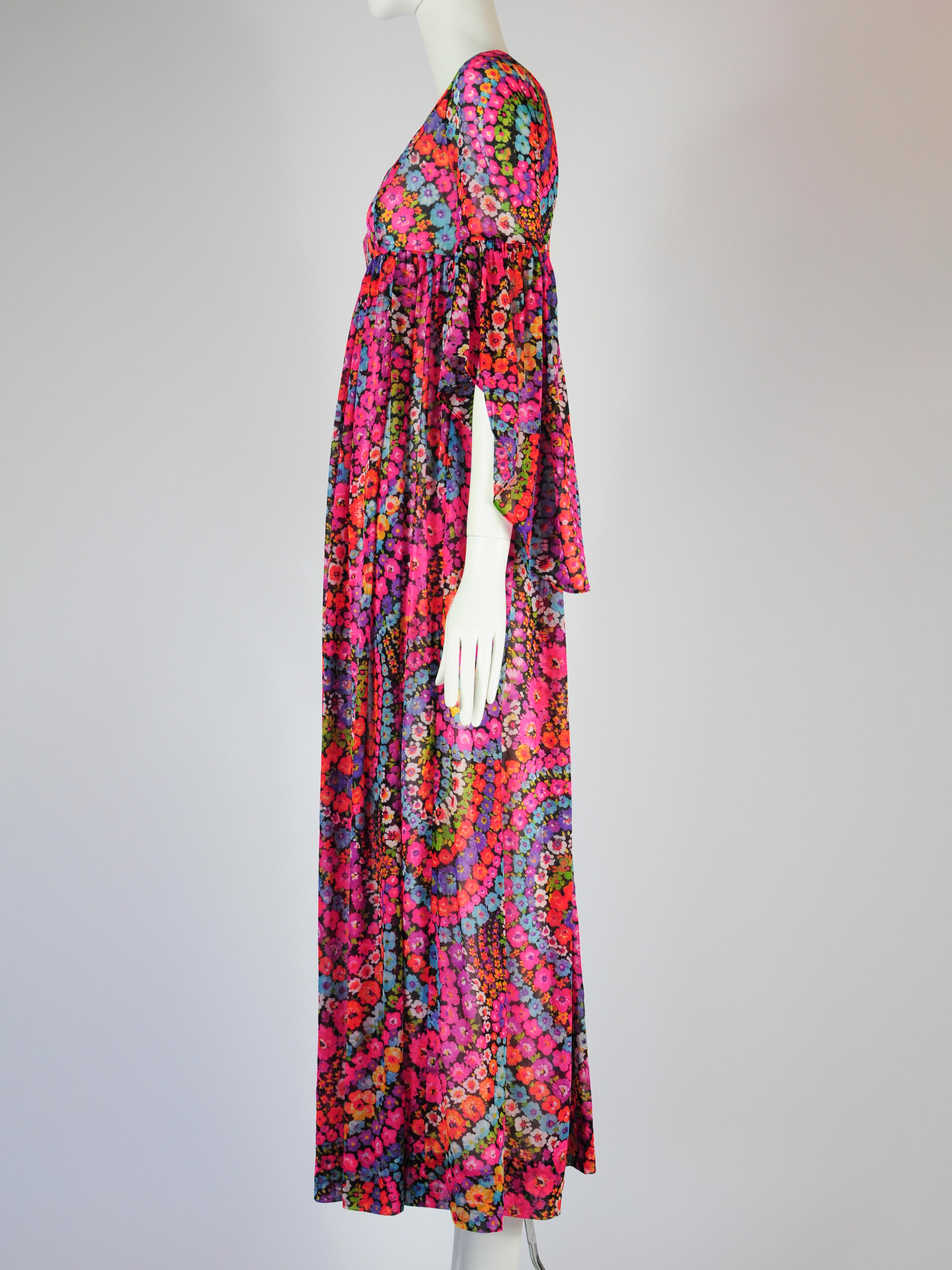 Psychedelic Flower Goddess Dress Empire Waist Butterfly Sleeve Quad London 1970s For Sale 1