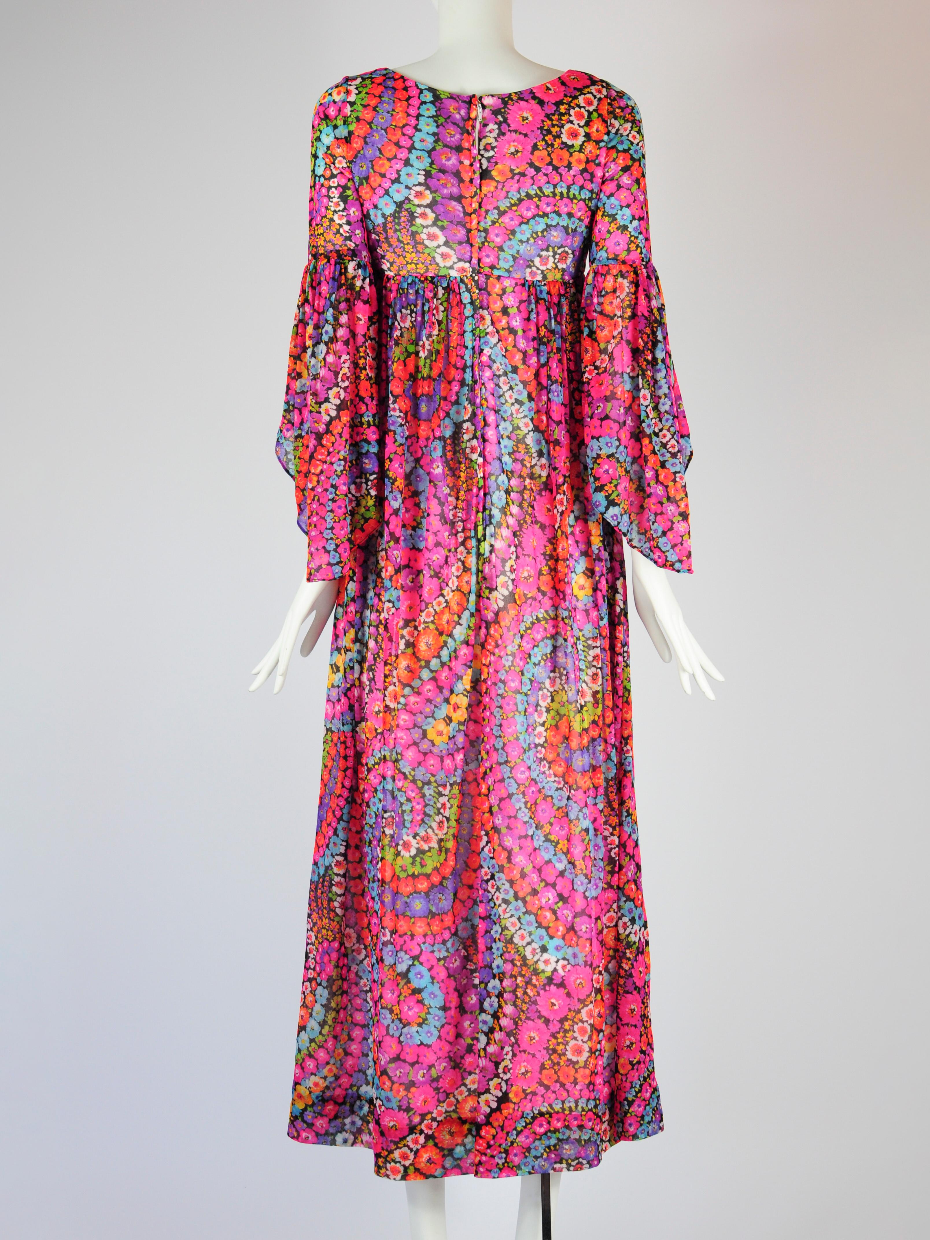 Psychedelic Flower Goddess Dress Empire Waist Butterfly Sleeve Quad London 1970s For Sale 4