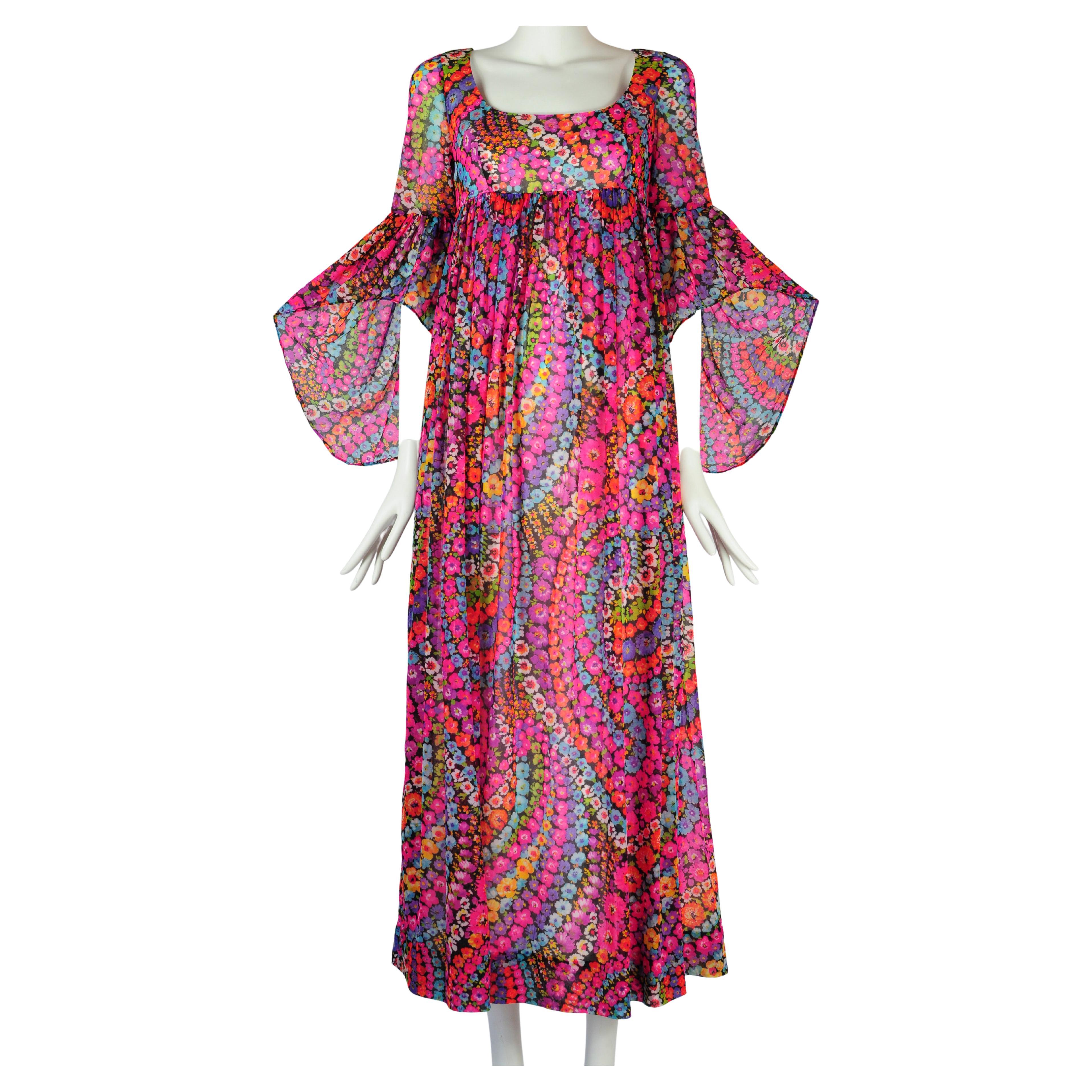 Psychedelic Flower Goddess Dress Empire Waist Butterfly Sleeve Quad London 1970s For Sale