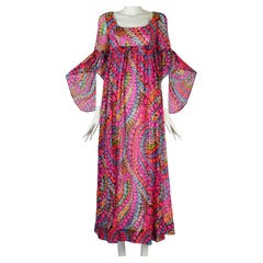 Psychedelic Flower Goddess Dress Empire Waist Butterfly Sleeve Quad London 1970s