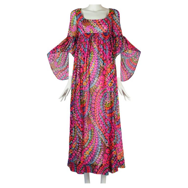 Psychedelic Flower Goddess Dress Empire Waist Butterfly Sleeve Quad London  1970s For Sale at 1stDibs | 60s psychedelic dress