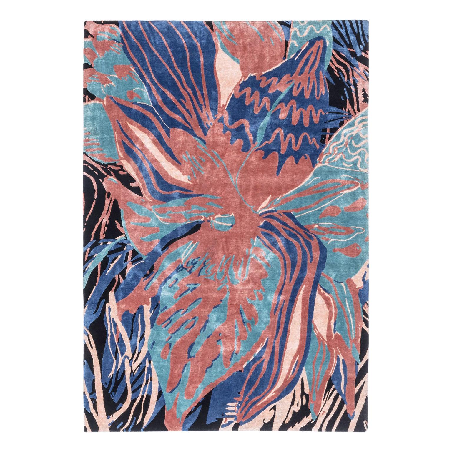 Psychedelic Flower, Handknotted Rug Made in Silk, New Zeland Wool and Linen For Sale