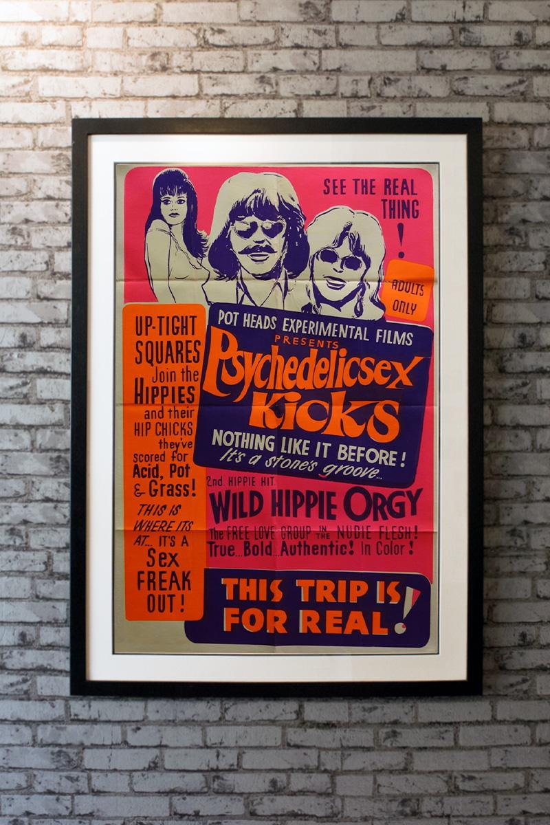 Extremely rare original release US one sheet movie poster for the counterculture-hippies-drugs exploitation flic. Two hippie chicks go to a guy's place for a night of LSD tripping and sex. Through inner monologue, they explain in a stream of