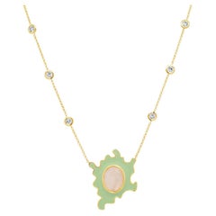 Collier solitaire psychédélique  5.6GMS 3.6CTW  Pierre de lune et émail menthe