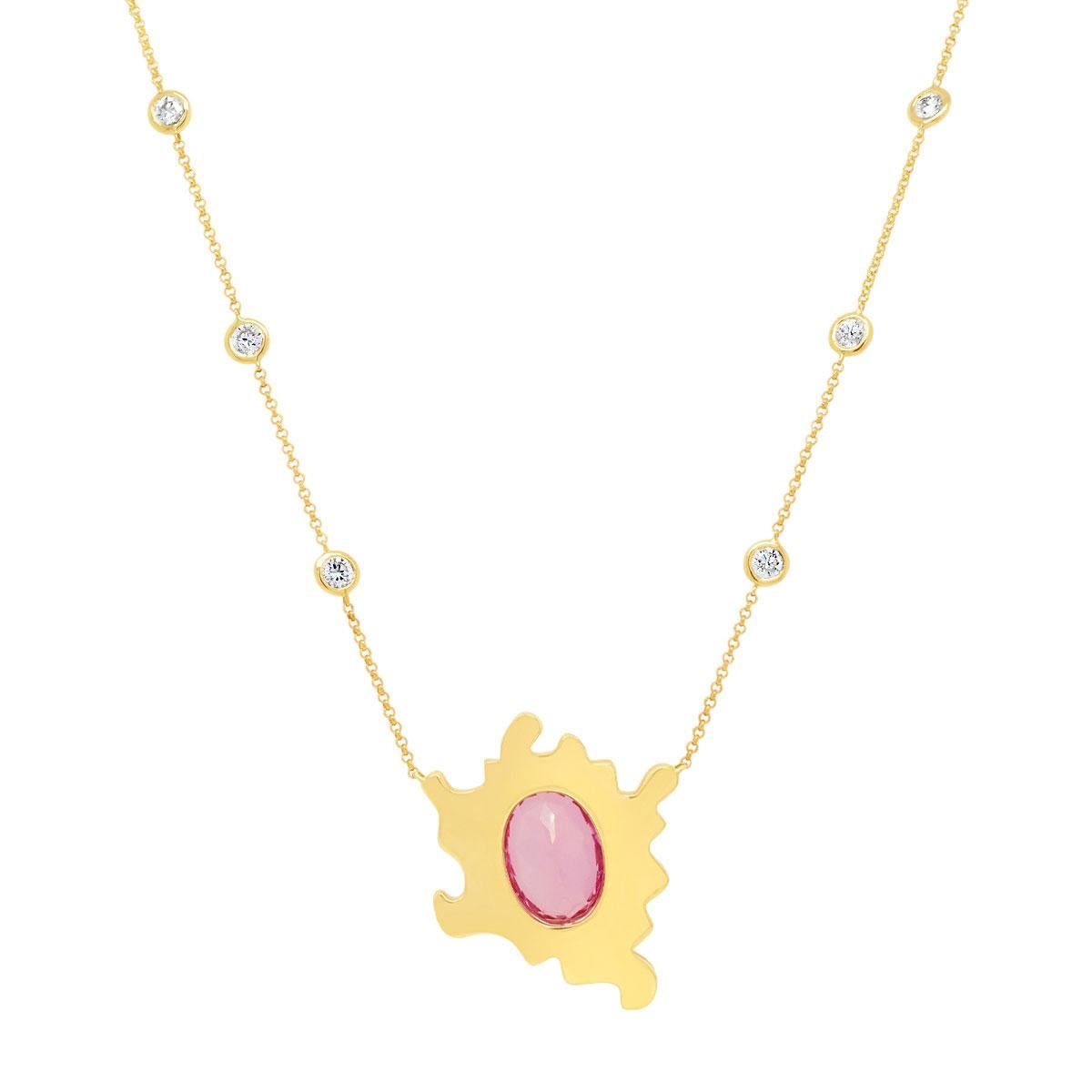 ake a trip. This one of a kind necklace, featuring an oval shaped pink tourmaline and pink enamel, is designed to challenge what we consider 