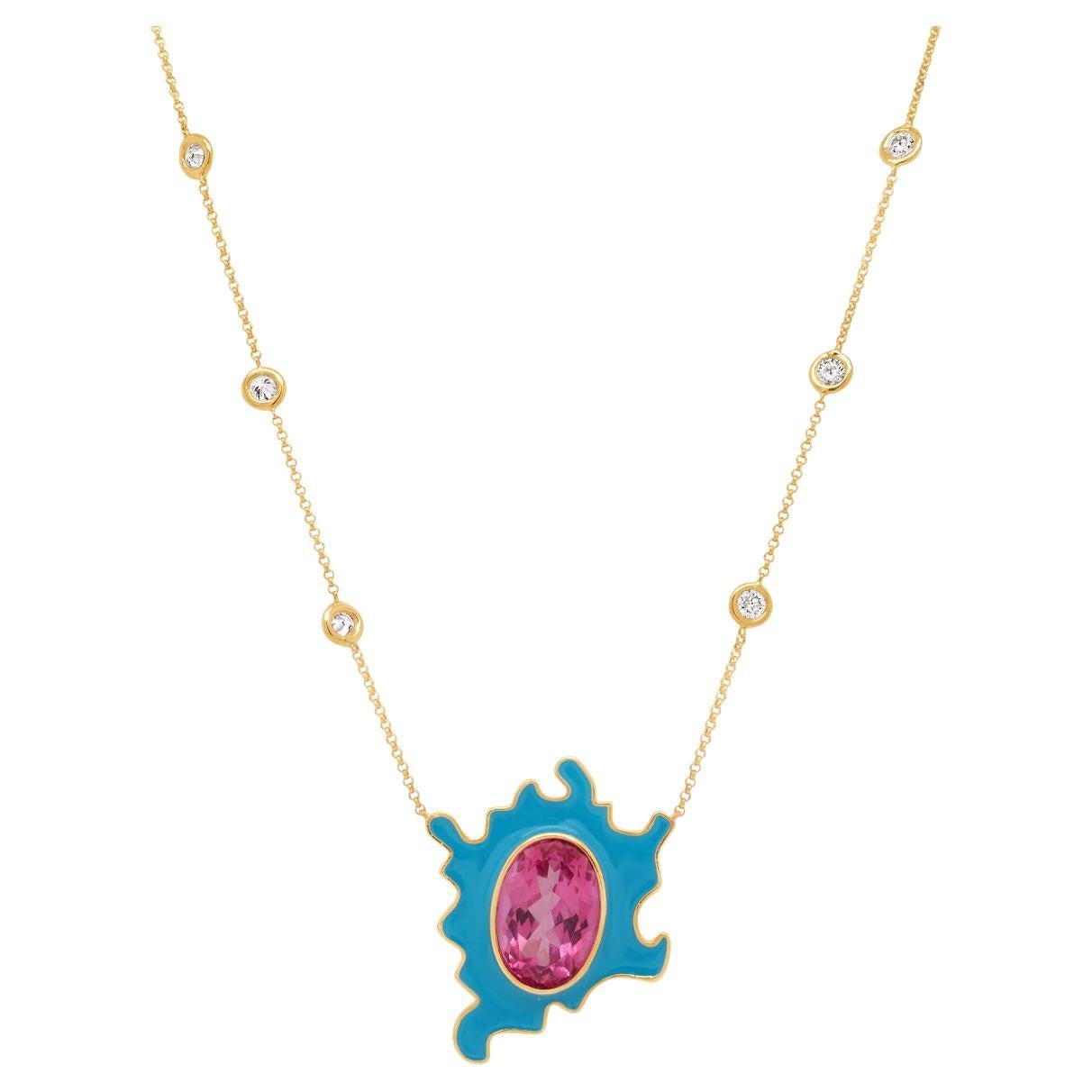 Psychedelic Solitaire Necklace 5.9gms 8.15ctw Tourmaline and Cobalt Enamel For Sale