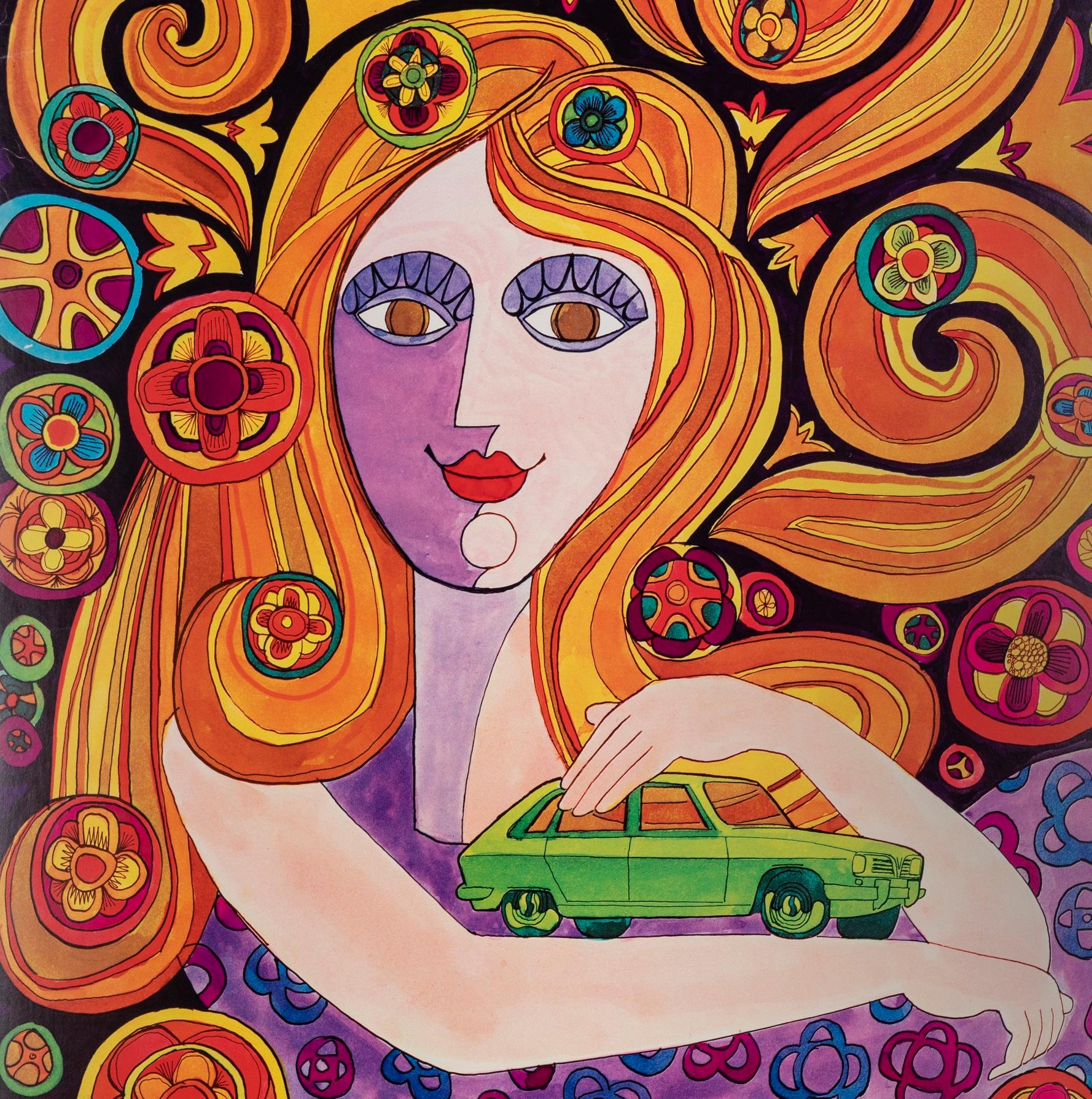 Psychedelic Vintage Poster created for Renault R16 in 1970.

Artist: Anonymous
Title: Renault R16 - Woman
Date: 1970
Size (w x h): 15.4 x 23.5 in / 39 x 59.6 cm
Printer: Ensemble 5 Studio Graphique
Materials and Techniques: Colour lithograph on