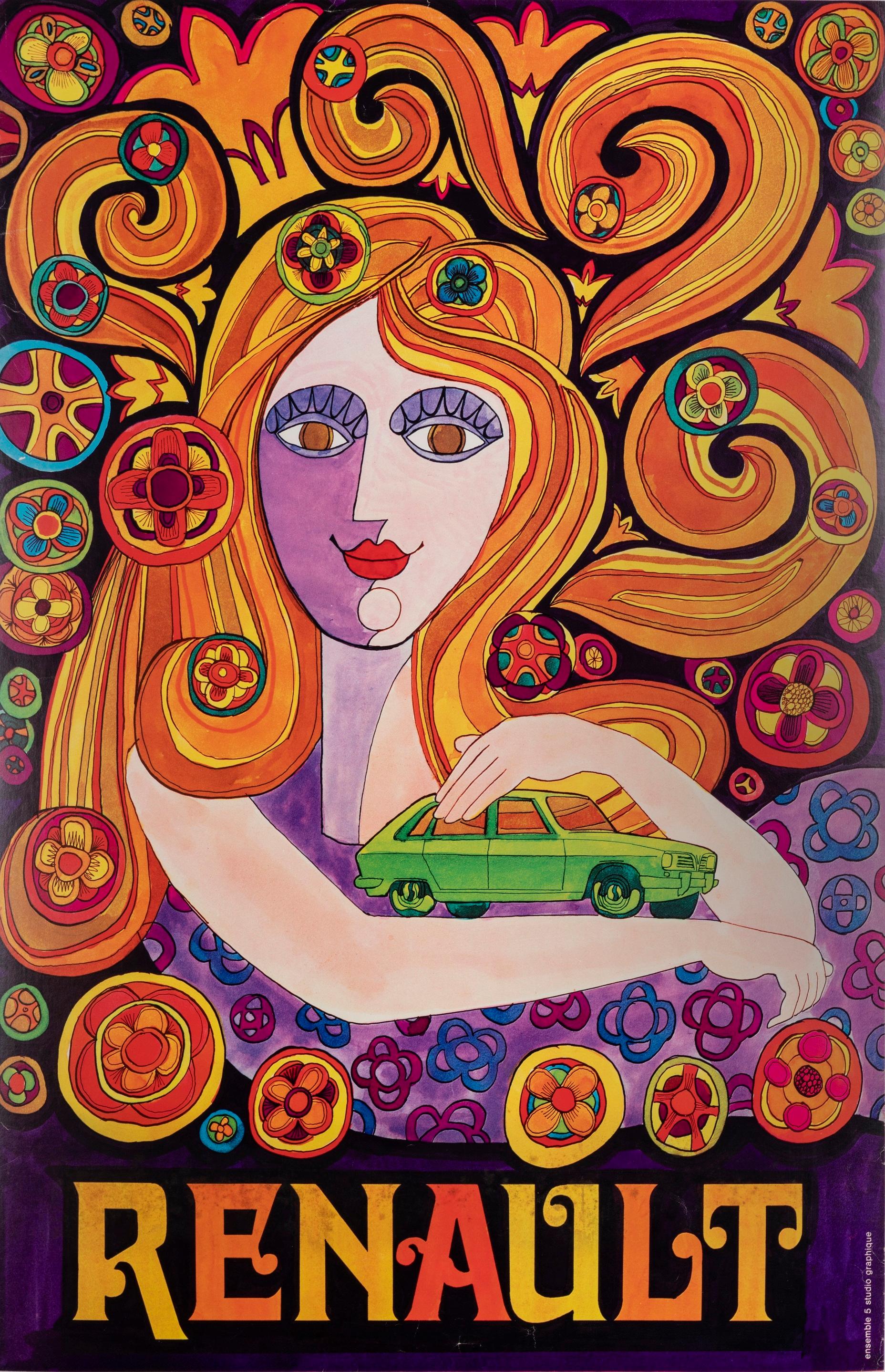 French Psychedelic Vintage Poster, Renault R16, Car, Automobile, Hippy, Pop Art, 1970 For Sale