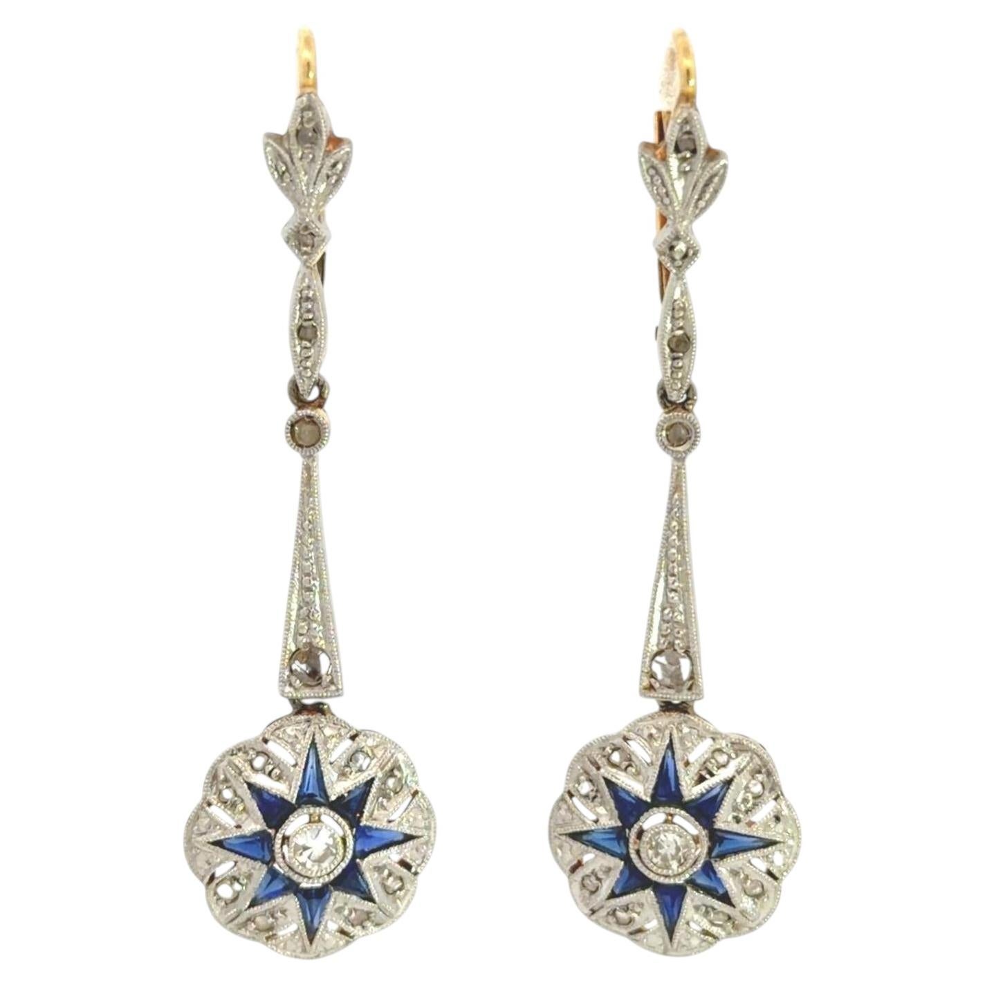 PT & 18k Art Deco Sapphire Diamond Dangle Earrings