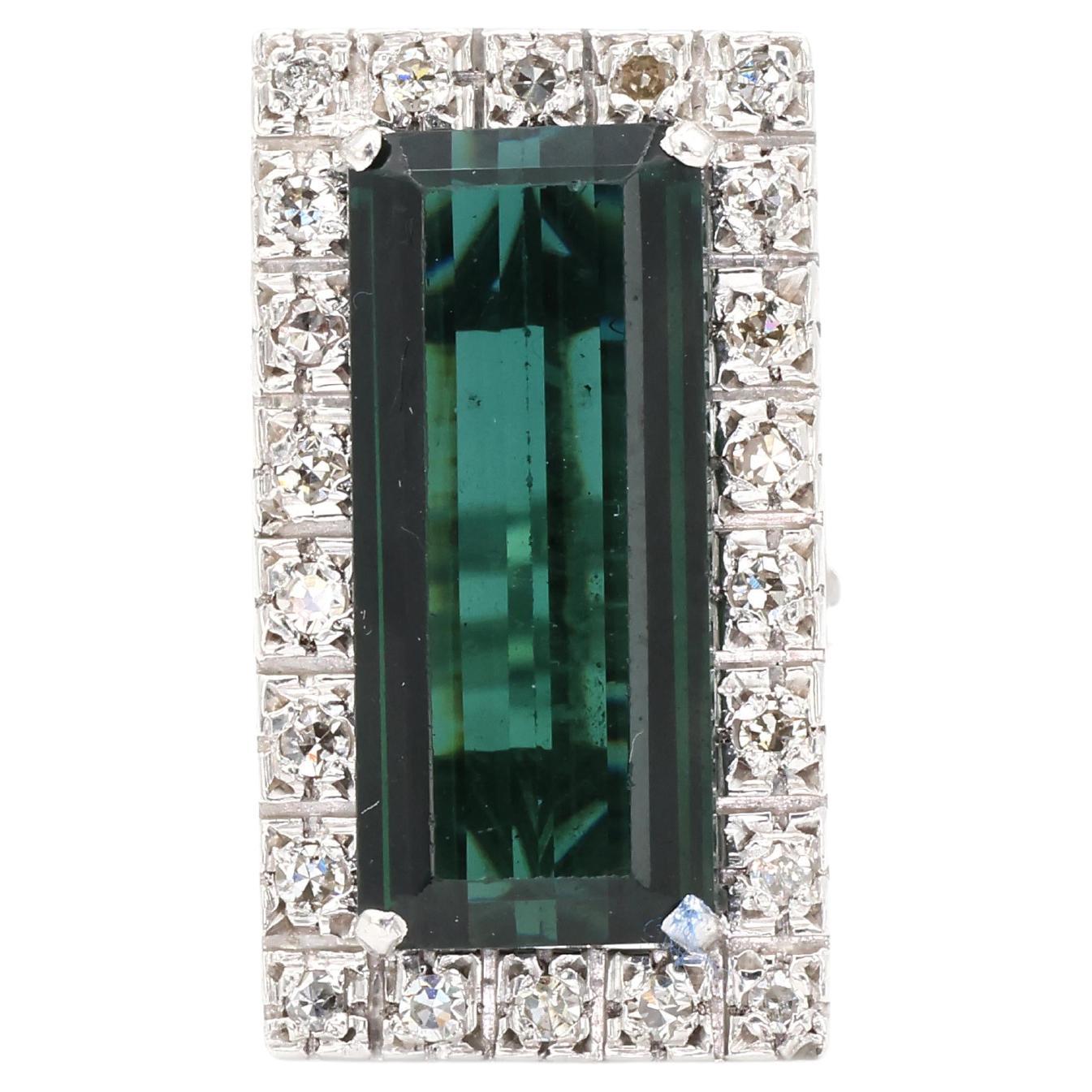 Pt 900 Bague en tourmaline verte naturelle et diamant naturel en vente