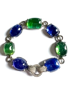 PT/950 Bracciale in platino con 4 tansaniti e 3 tormaline e diamanti.