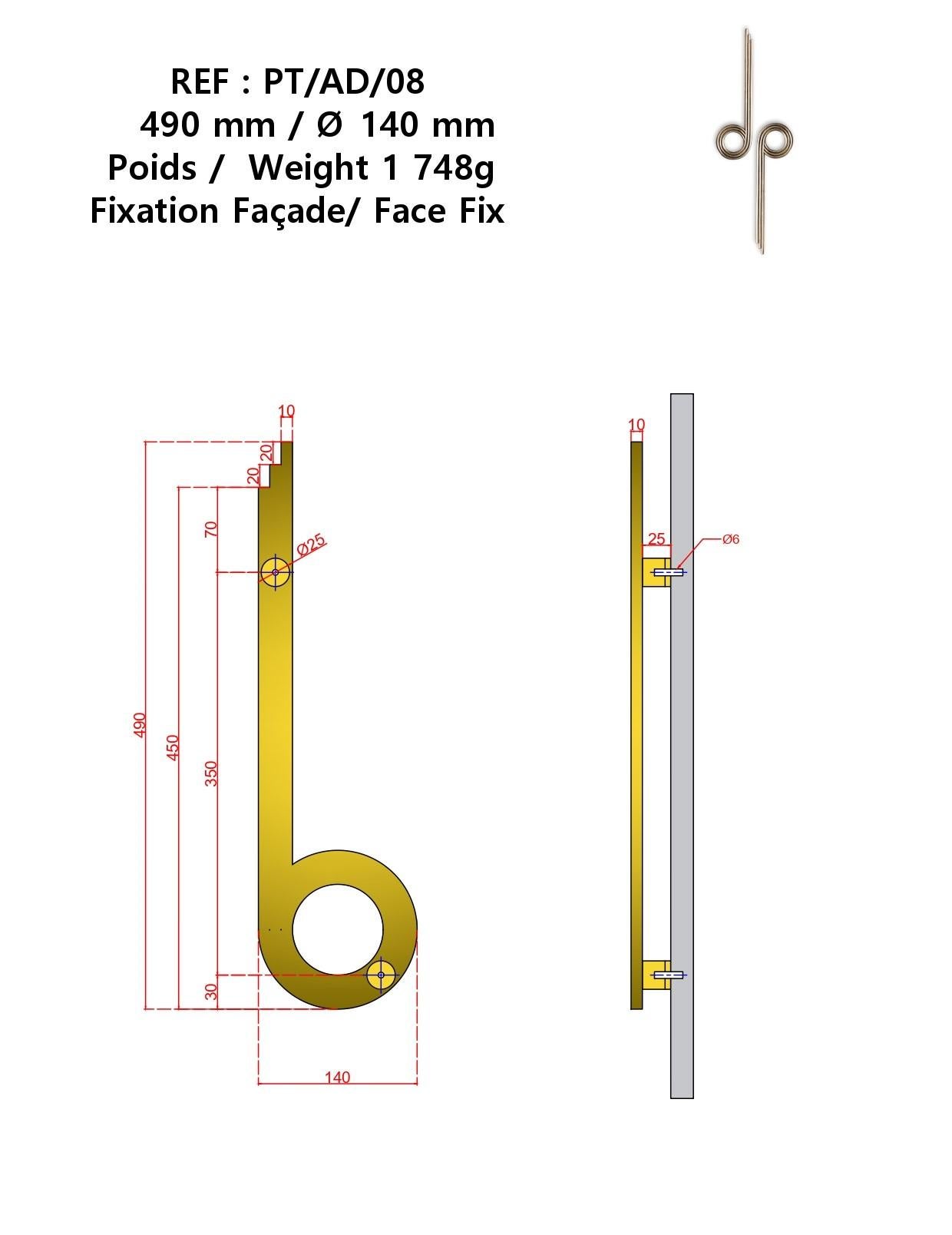 Contemporary PT/AD/08 Solid brass door pull 49 cm Art Deco collection For Sale