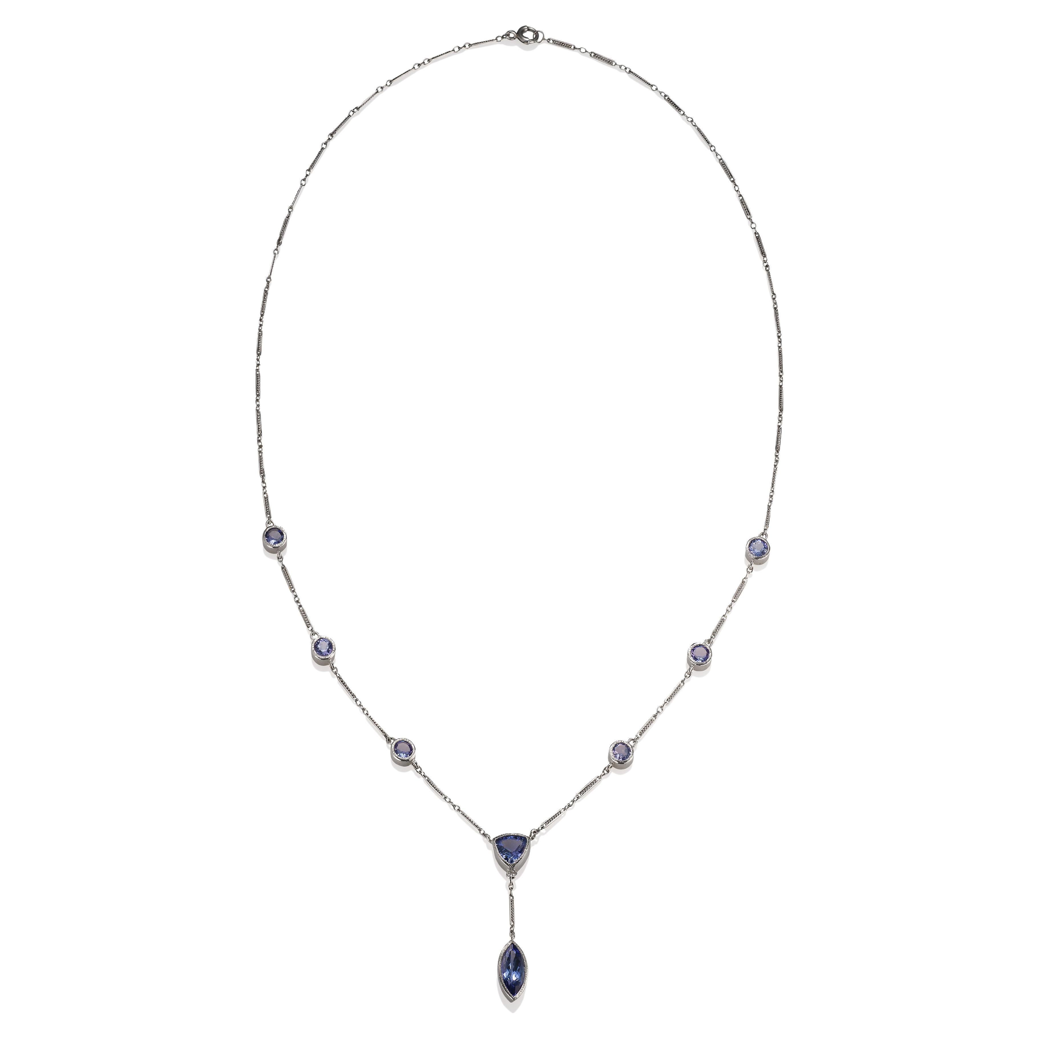 Platinum and Tanzanite (3.87 CTW) Dune Necklace is an inspiration from the Frank Herbert book DUNE, in which a necklace was described in great detail, this is how I imagined the necklace would look.
I have repurposed a vintage Platinum chain to add