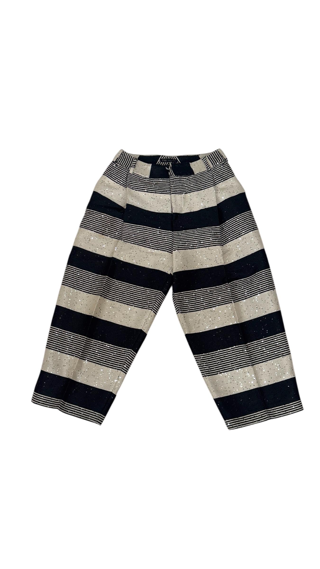 Bold and refined, these PT01 women's trousers reinterpret sartorial elegance with a touch of glamour. Made in Italy from a structured jacquard fabric, the design features alternating black and ivory horizontal stripes enriched with subtle