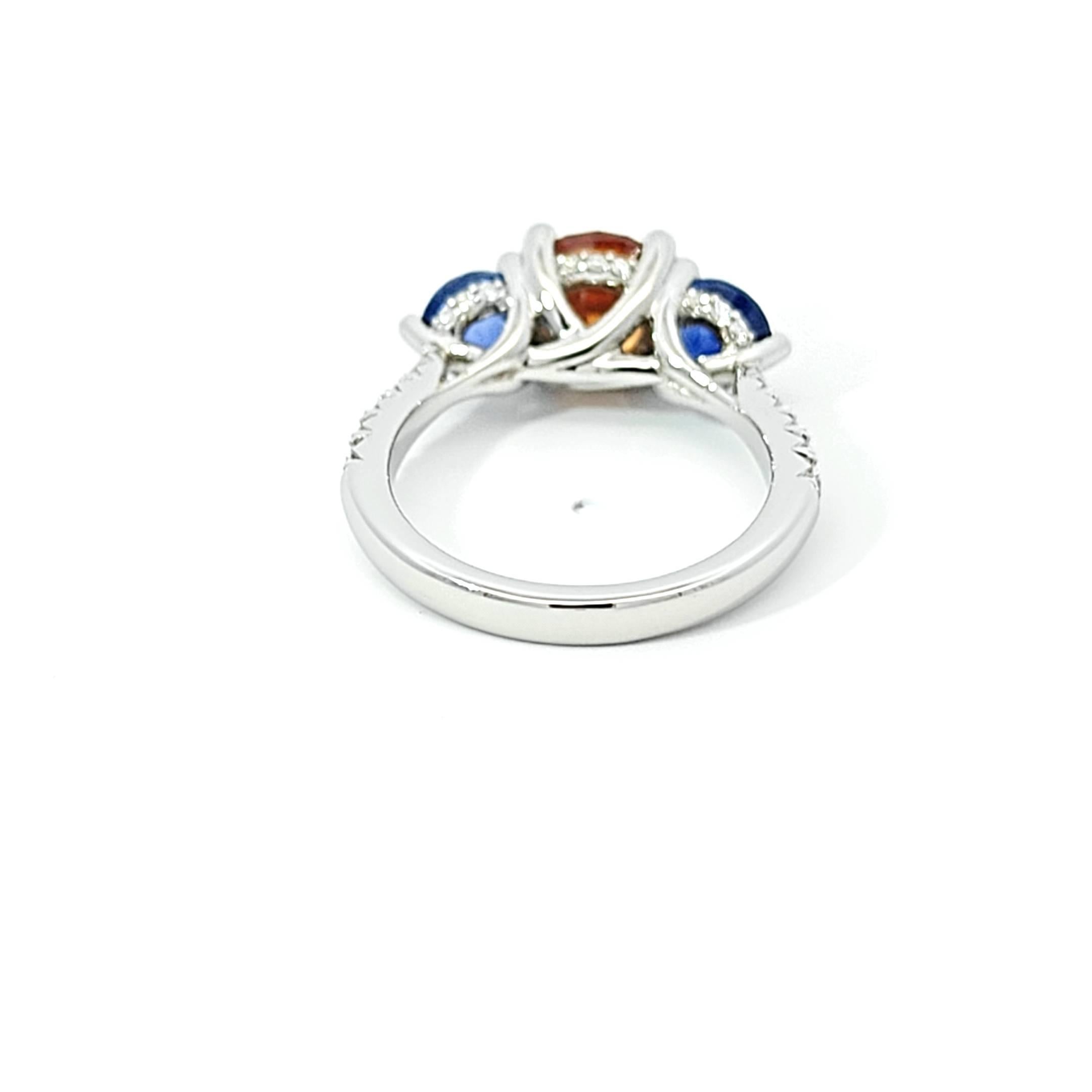 Round Cut PT950 Ring with Natural White Diamonds, Natural Orange Zircon and Two Sapphires For Sale