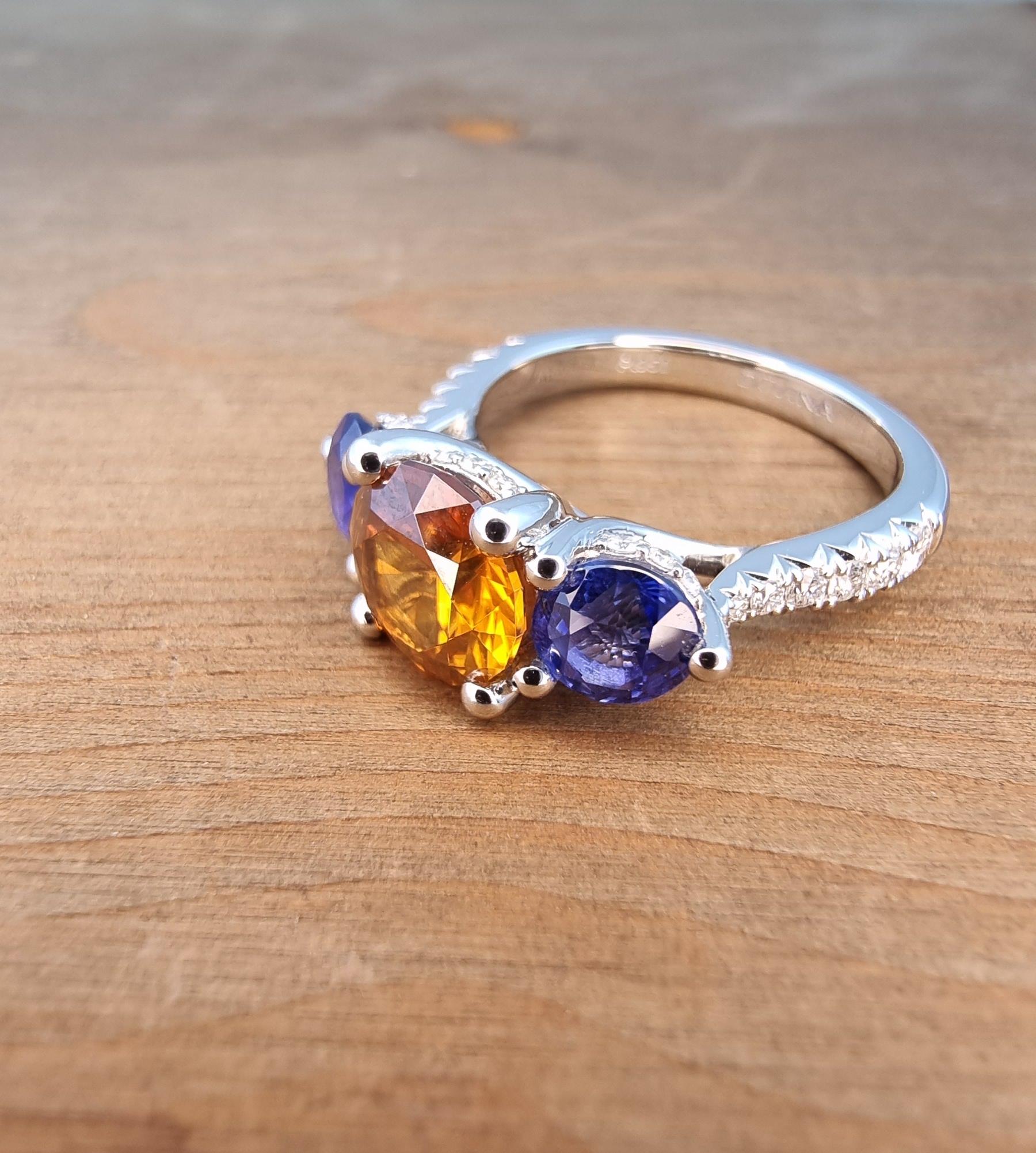 PT950 Ring with Natural White Diamonds, Natural Orange Zircon and Two Sapphires For Sale 1