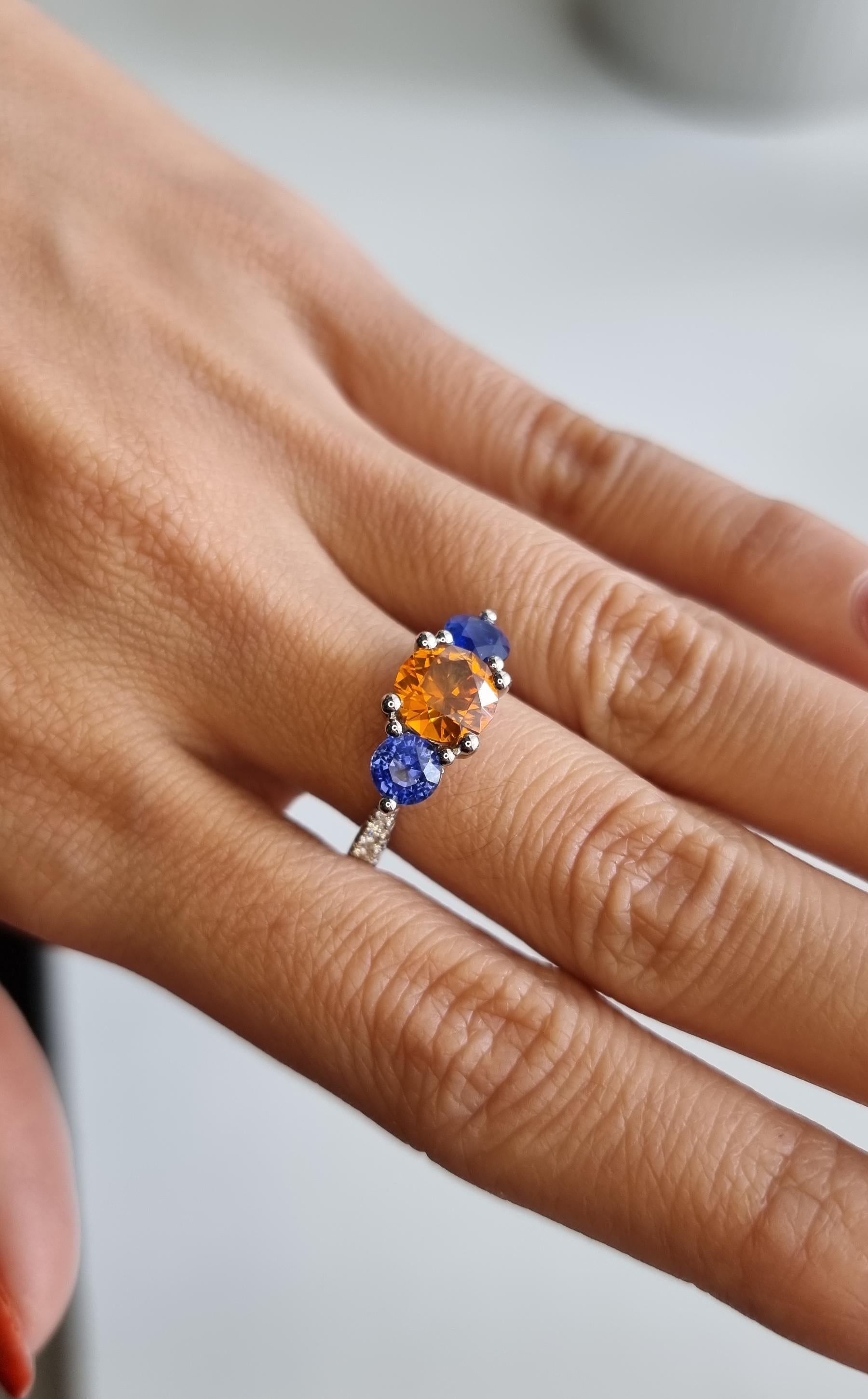 PT950 Ring with Natural White Diamonds, Natural Orange Zircon and Two Sapphires For Sale 2