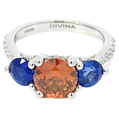 PT950 Ring with Natural White Diamonds, Natural Orange Zircon and Two Sapphires